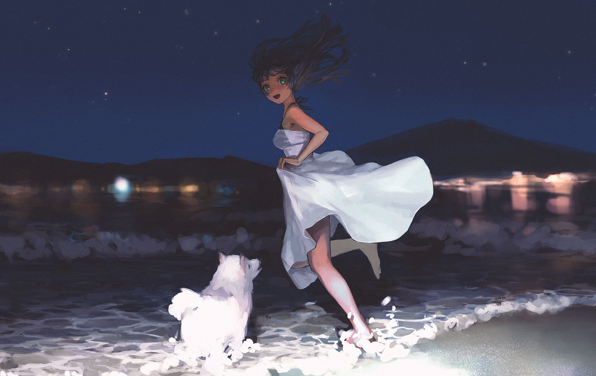 Anime Girls Water Original Characters Night Dog Sky Dress Sun Dress Beach Feet 1966x1240