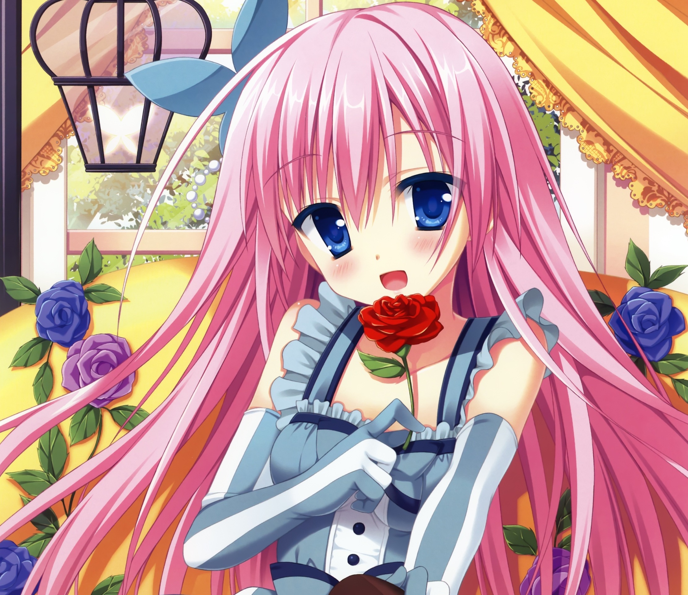 Long Hair Pink Hair Blue Eyes Rose Smile Blush Glove Bow Clothing Butterfly 2224x1924