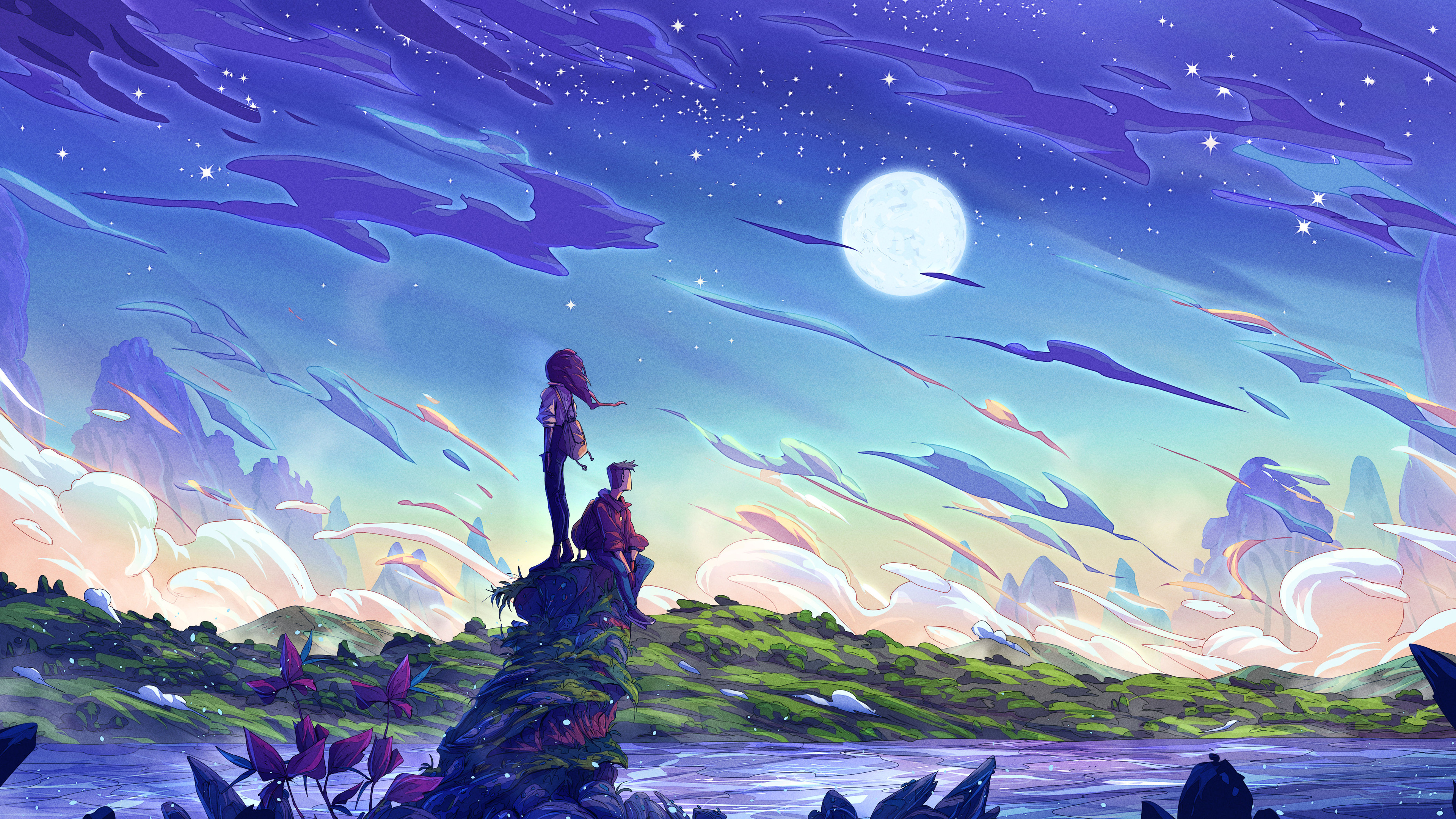 Christian Benavides Digital Art Fantasy Art Clouds Hills Grass Stars Night Traveler Mountains Moon S 3840x2160