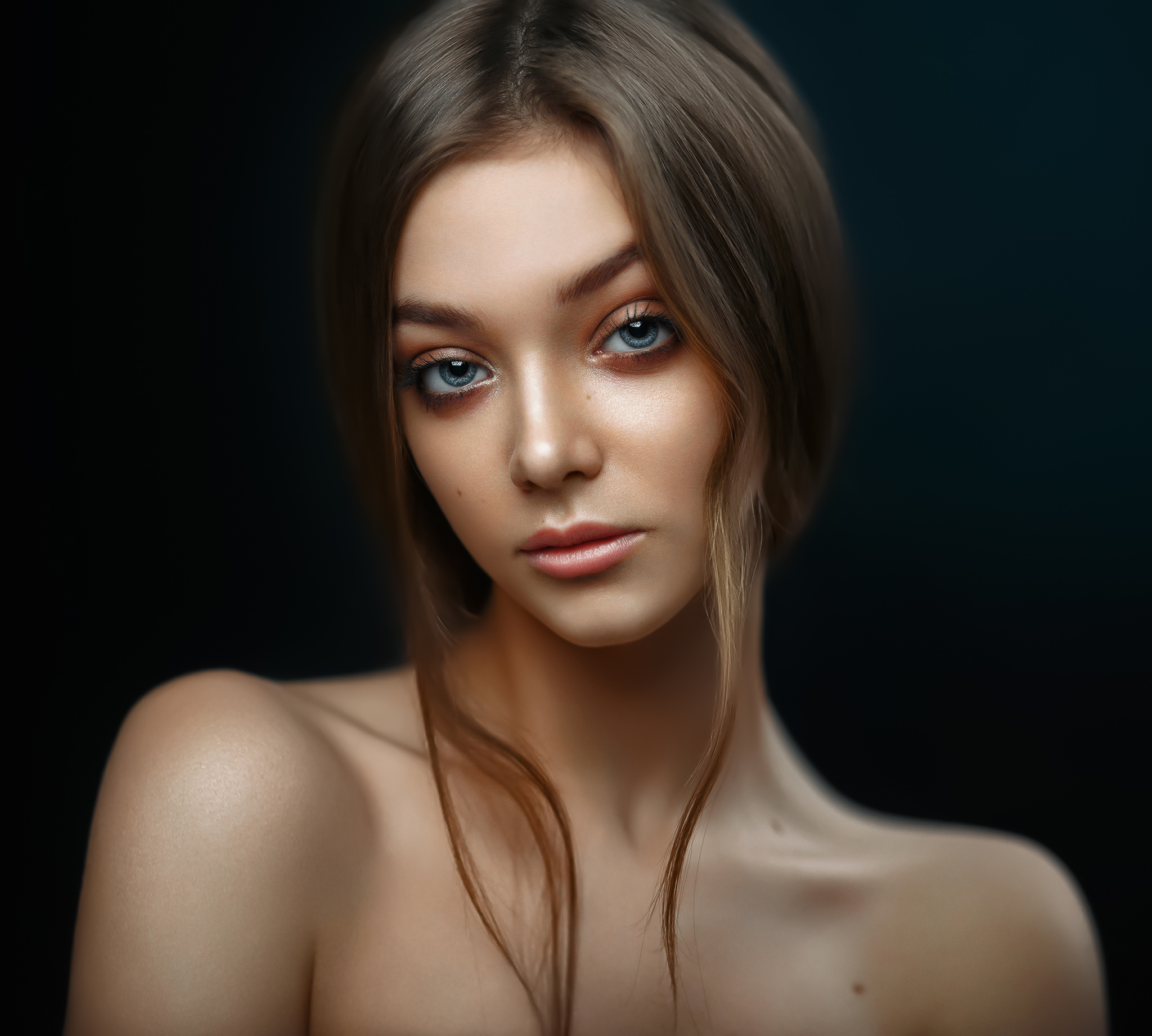 Ivan Kovalyov Women Brunette Makeup Blue Eyes Bare Shoulders Simple Background Portrait 2048x1843