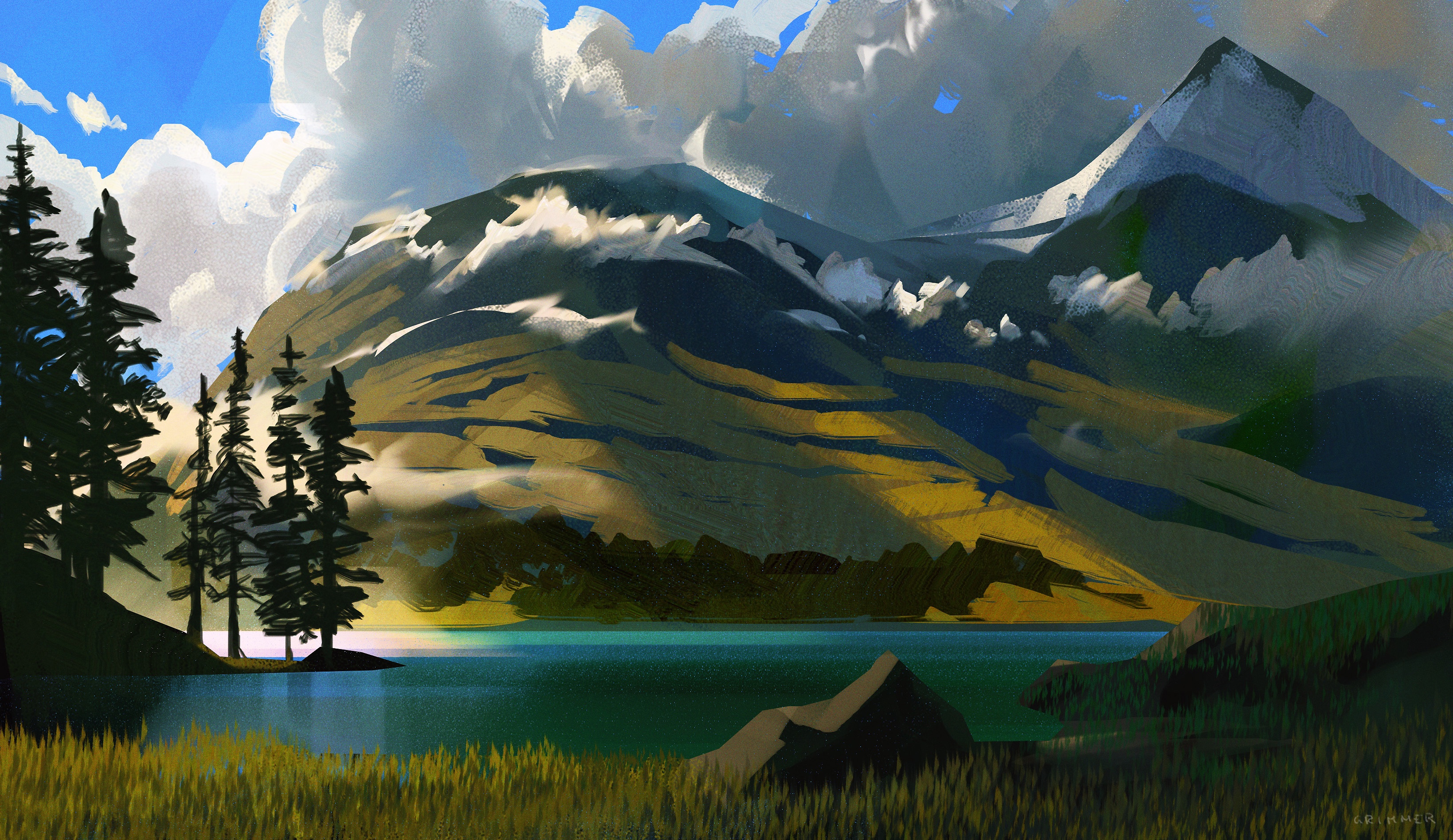 Digital Painting Landscape Lake Mountains Jordan Grimmer 3277x1896