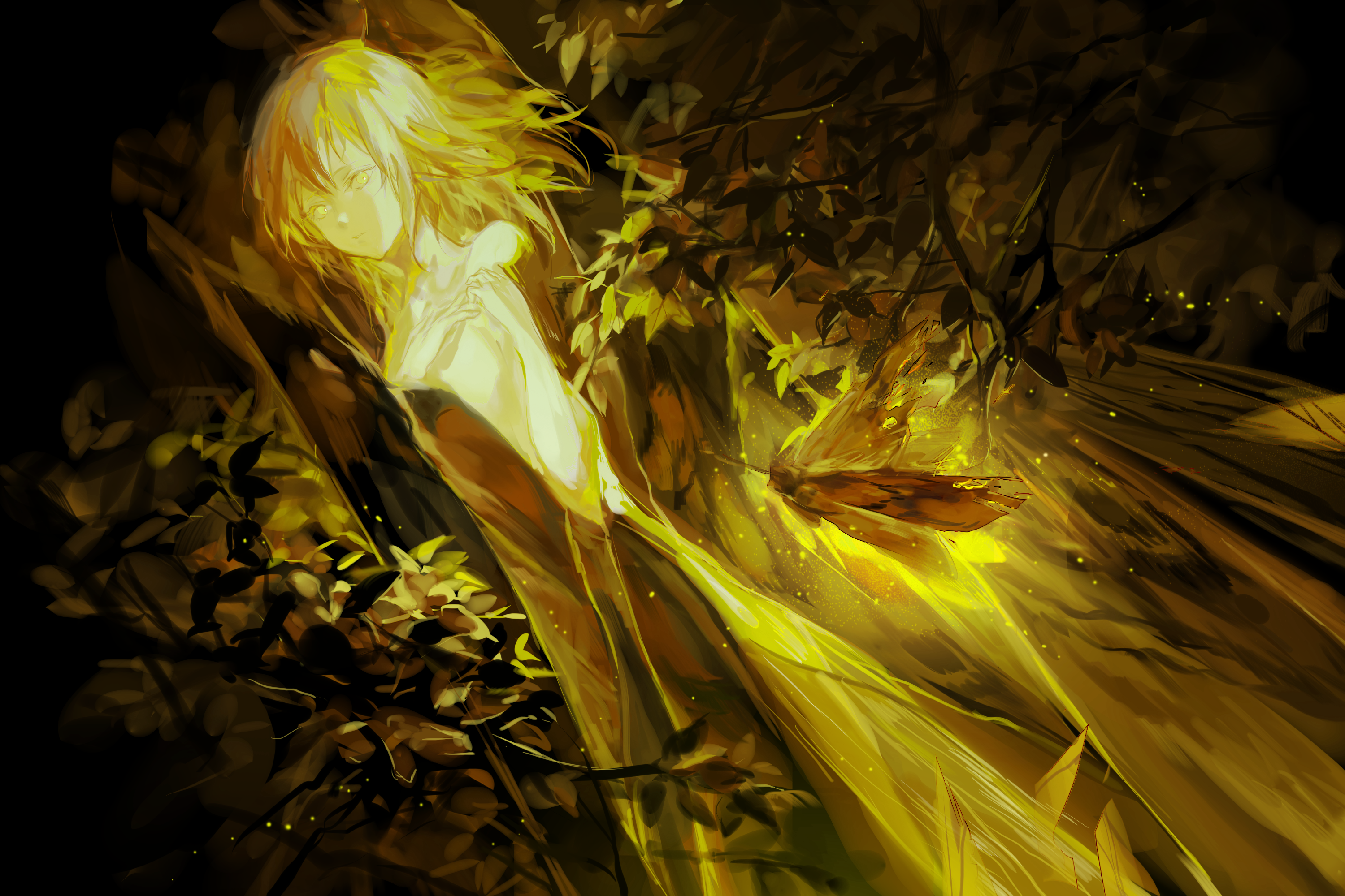 Anime Anime Girls Trees Petals Moth Long Hair Yellow Hair Yellow Eyes 3000x2000