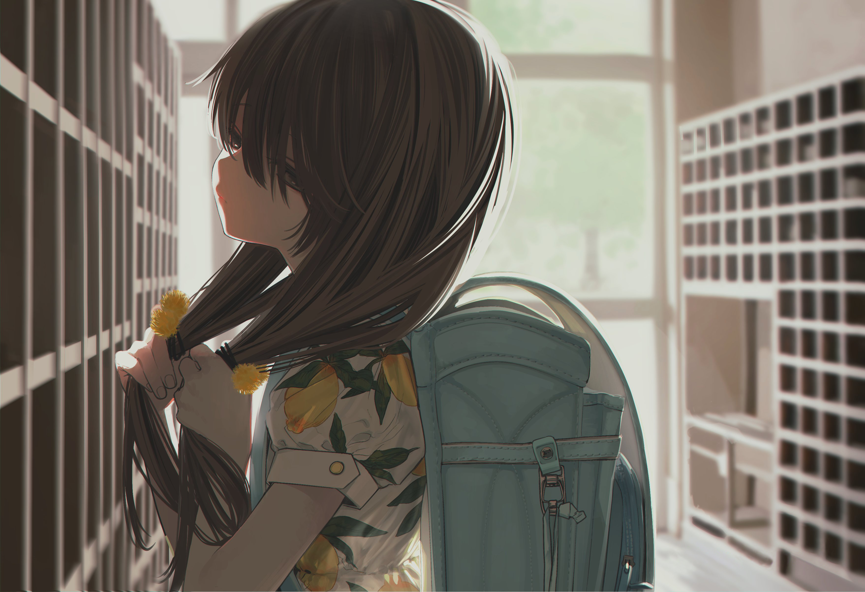 Anime Anime Girls Brunette Long Hair Dark Eyes Backpacks School Scrunchy Looking Away 3516x2406