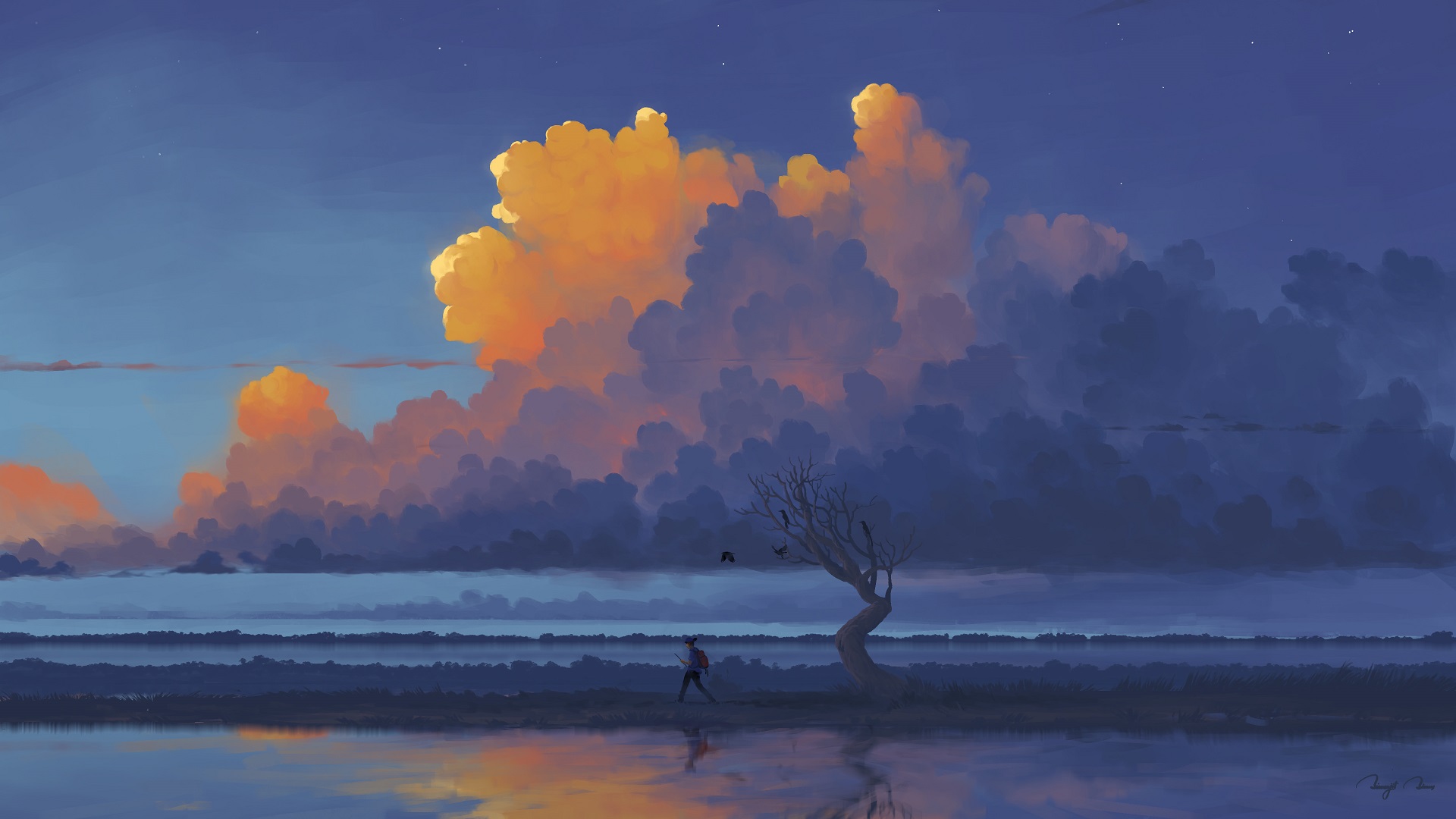 Digital Painting Landscape Afternoon Lake Clouds BisBiswas 1920x1080