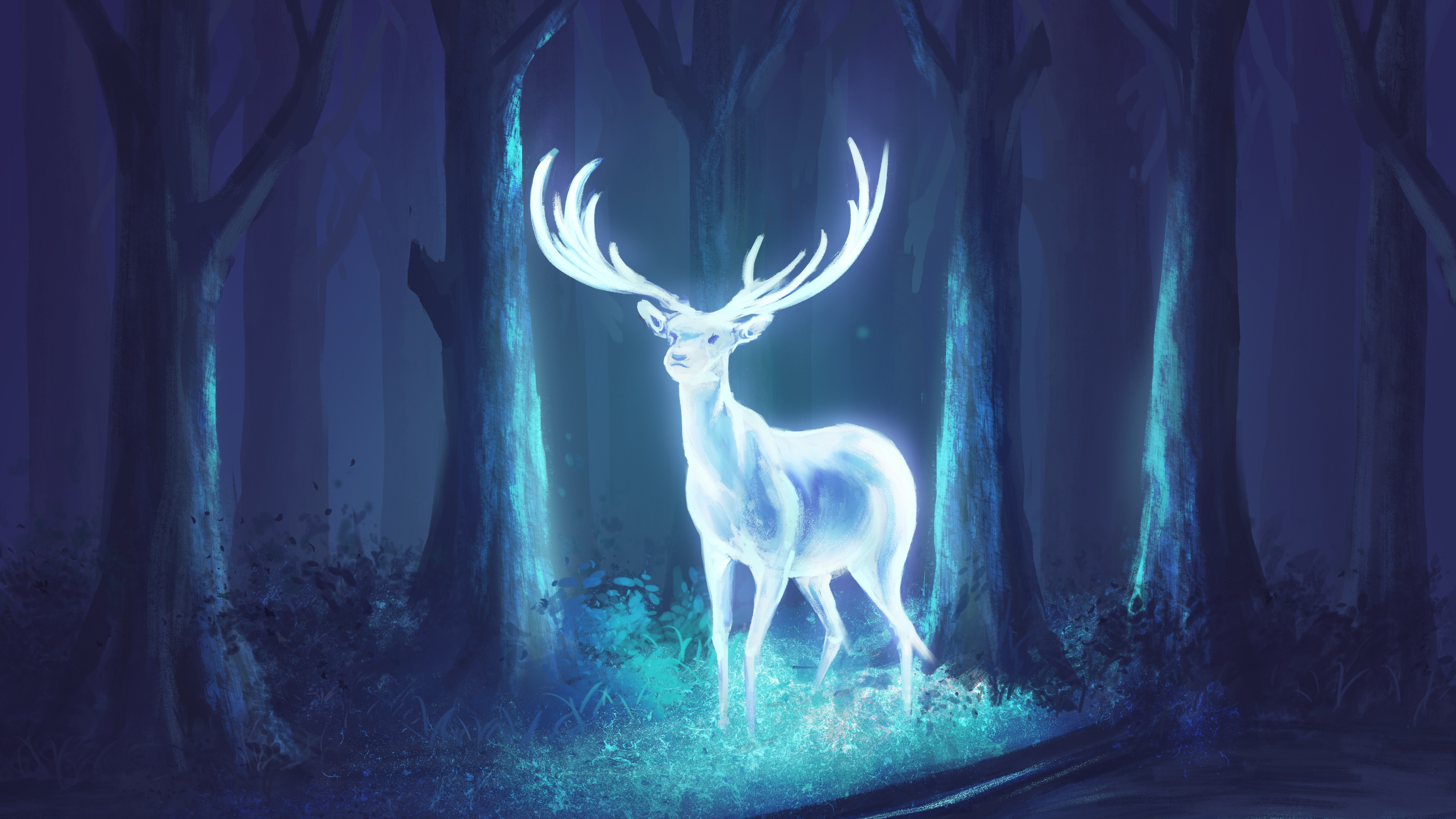 Digital Deer Nature Trees Night Harry Potter Patronus Glowing Forest 7680x4320
