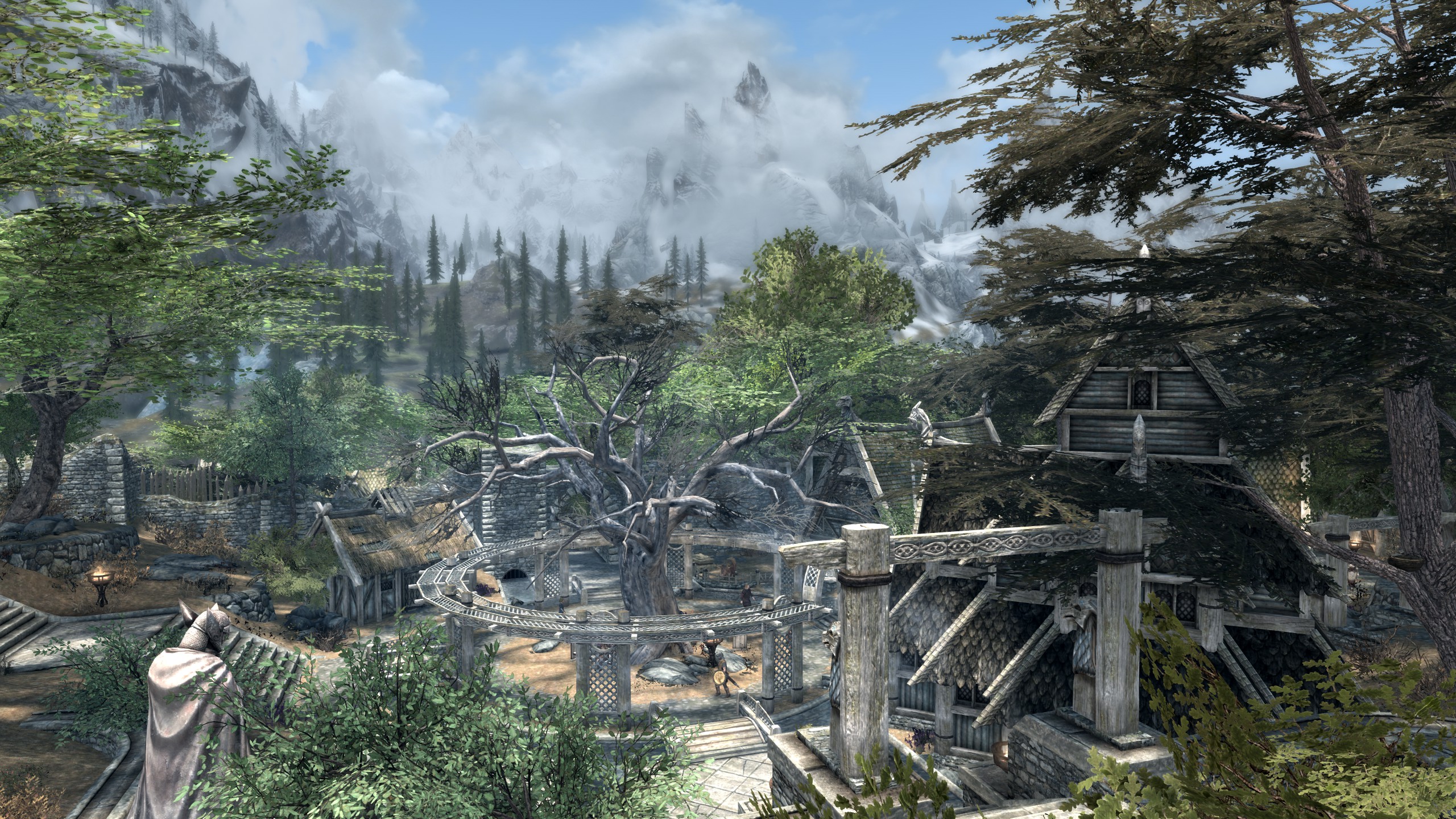 The Elder Scrolls V Skyrim Trees Fantasy City Mist Mountains Whiterun Statue 2560x1440