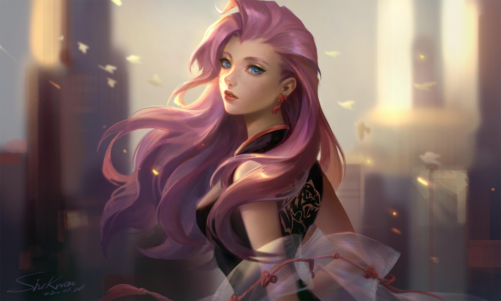 SiuKwan Chueng Seraphine League Of Legends League Of Legends KDA Seraphine Women Purple Hair City Bl 1920x1152