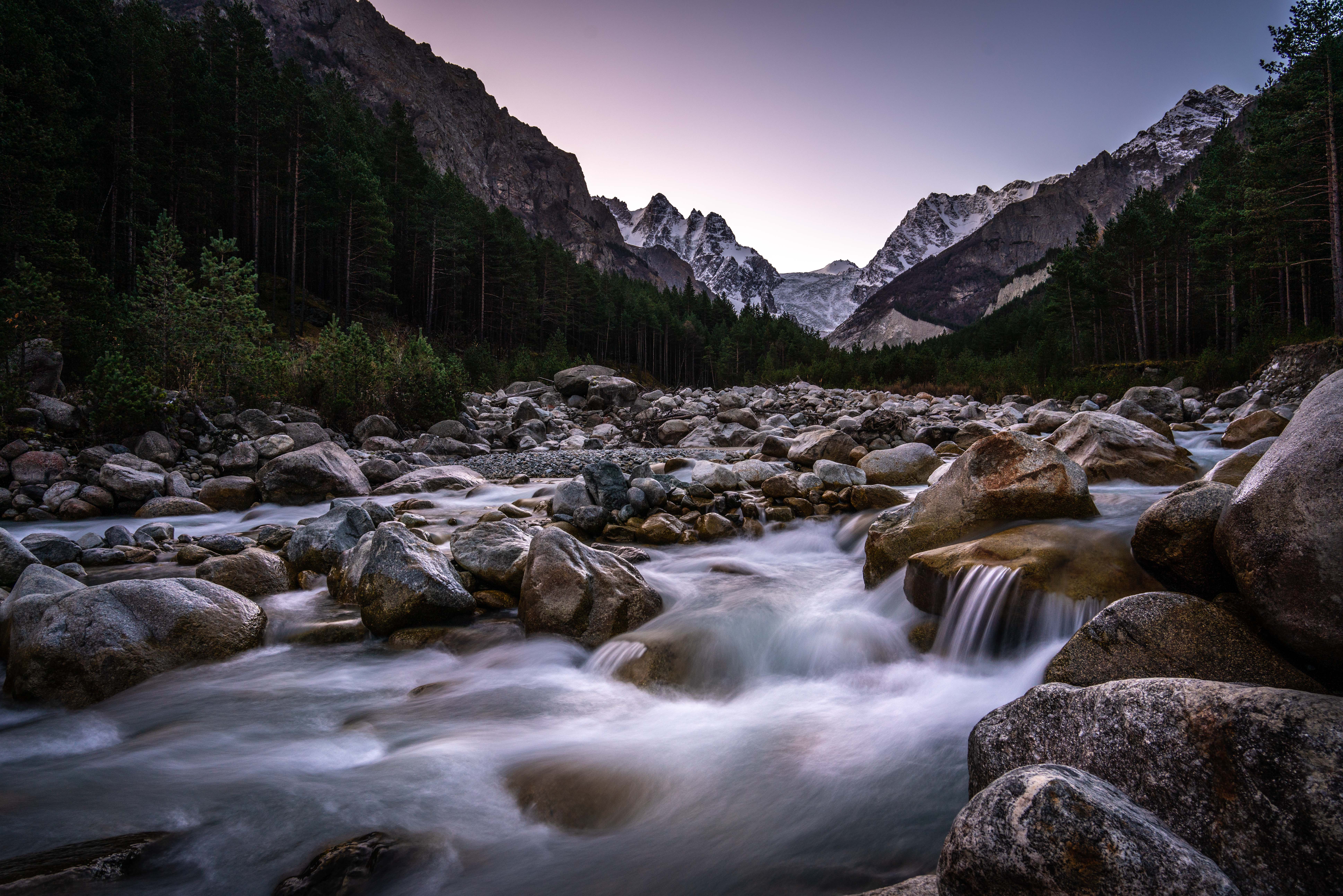 Mountains Glacier River Forest Clear Sky Sunset Rocks Alania National Park North Ossetia Nature Rive 7751x5170
