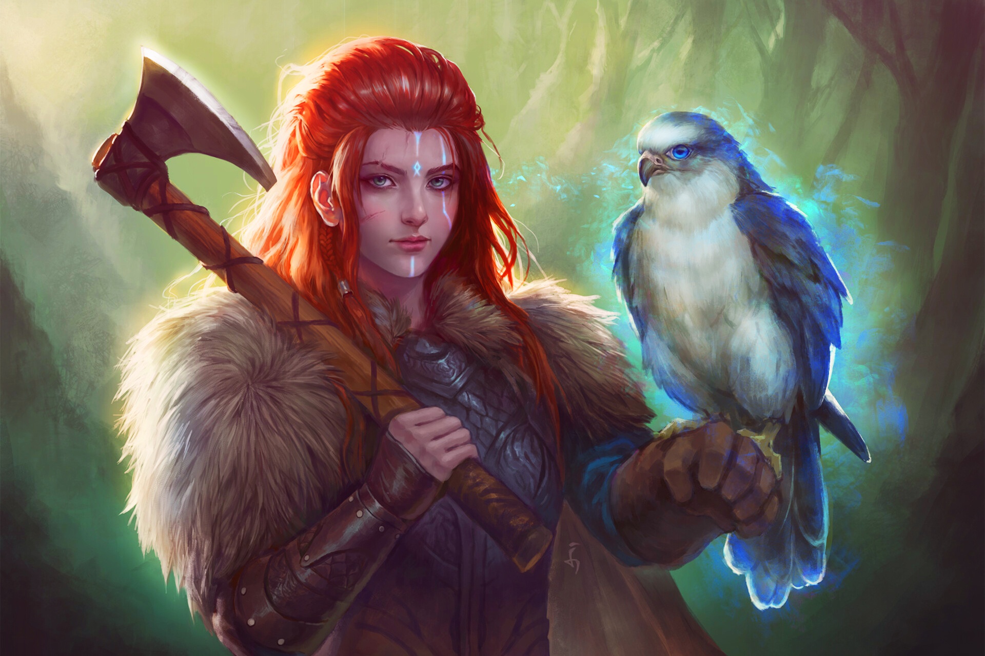 Girl Bird Falcon Axe Woman Warrior Red Hair 1920x1280
