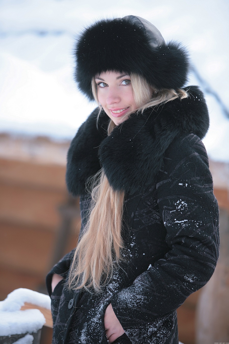 Model Blonde Winter Coats Black Coat Fur Cap Hands In Pockets Snow Snow Covered Women Outdoors Women 900x1350