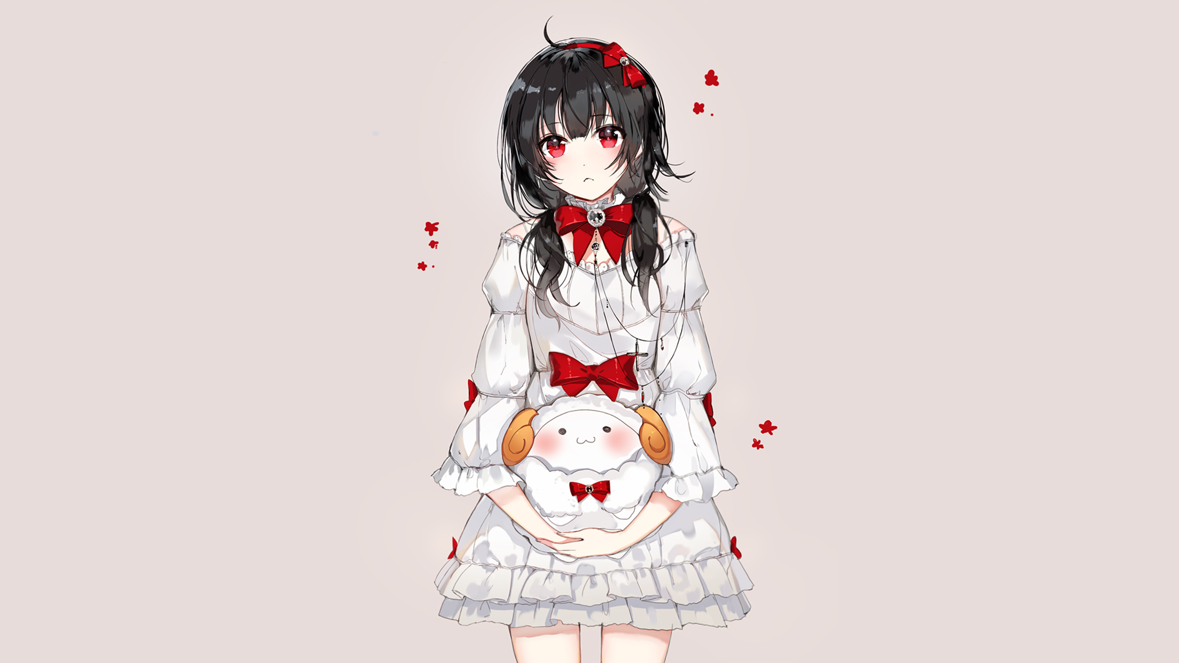 Anime Anime Girls Original Characters Artwork NaruHana Black Hair Red Eyes Dress Stuffed Animal 3840x2160