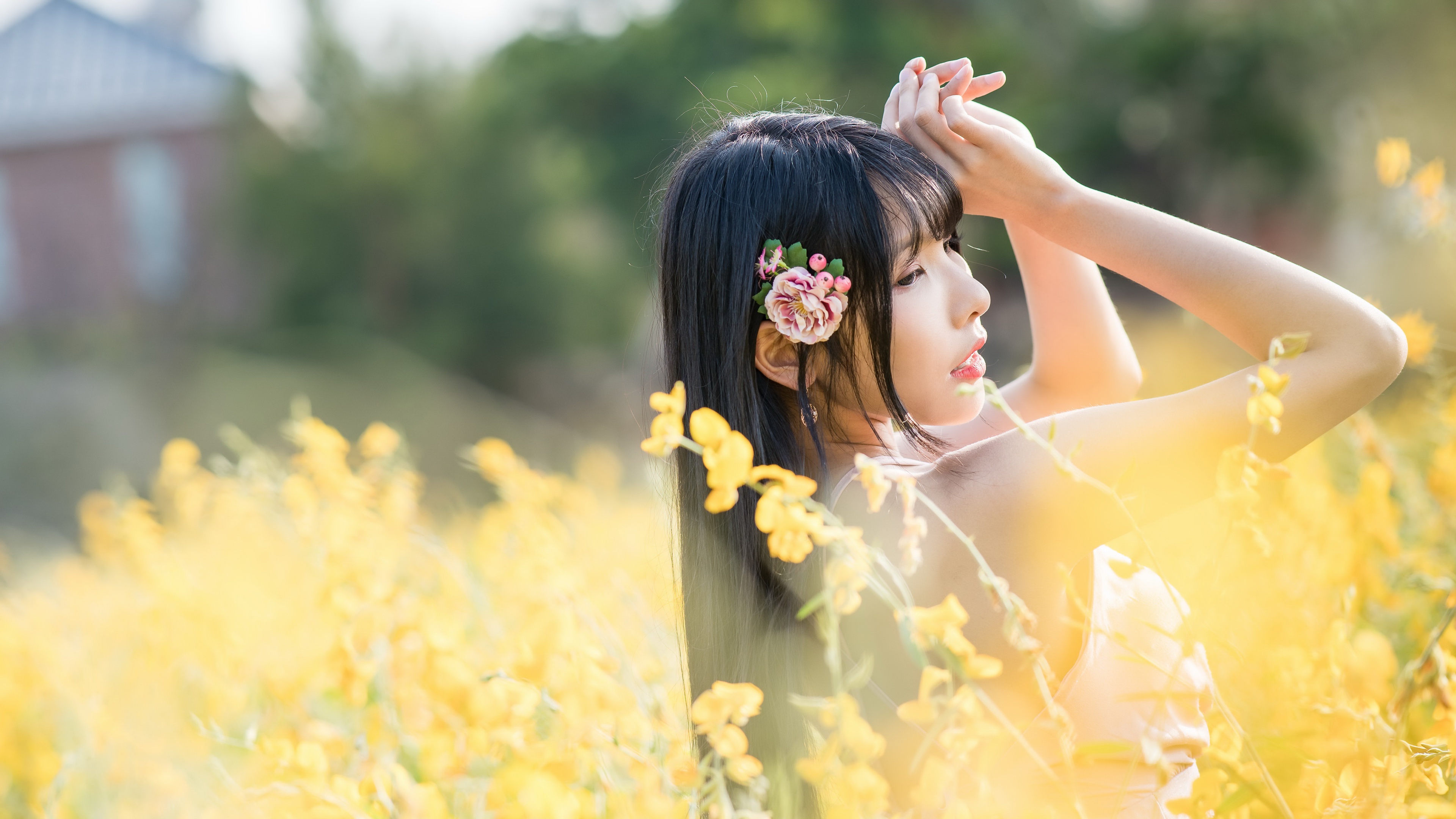 Asian Women Model Summer Outdoors Plants Women Outdoors Black Hair Flowers Flower In Hair Vicky Asia 3840x2160