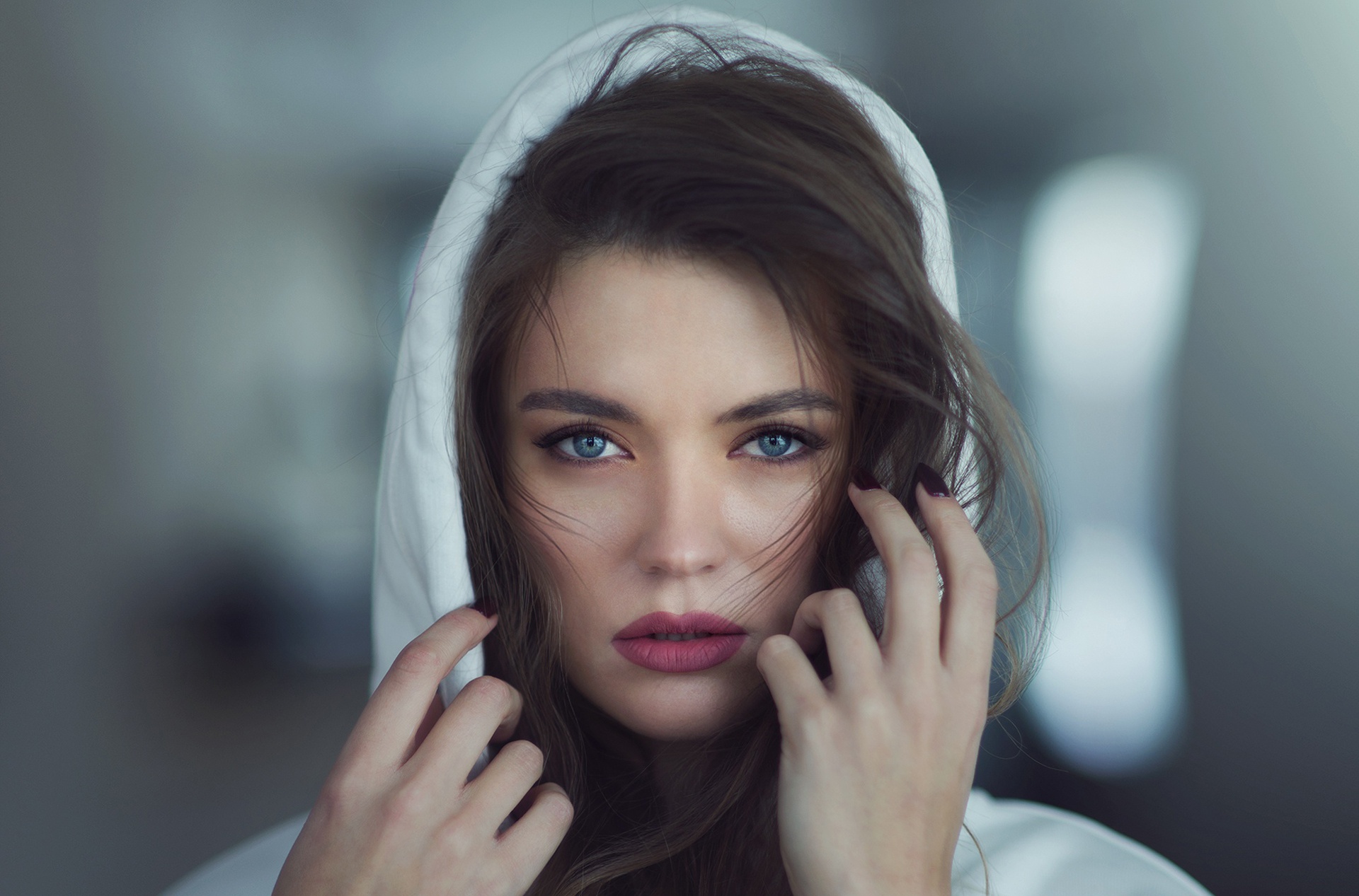Woman Girl Face Blue Eyes Lipstick Brunette Maria Dzvinkait Wallpaper Resolution1920x1267