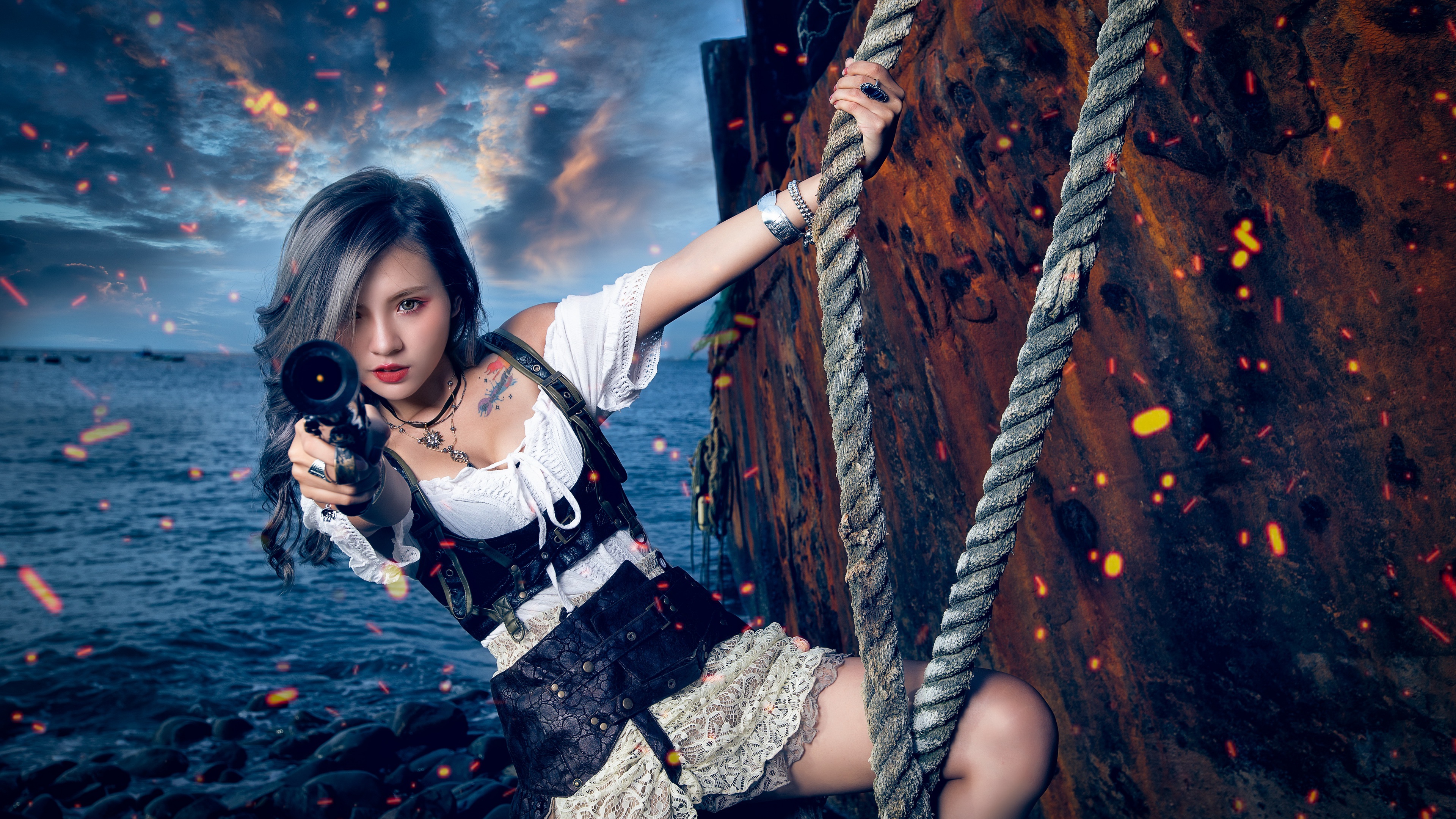 Model Women Ropes Dark Hair Red Lipstick Long Hair Inked Girls Rust Shipwreck Ship Bracelets Makeup  3840x2160