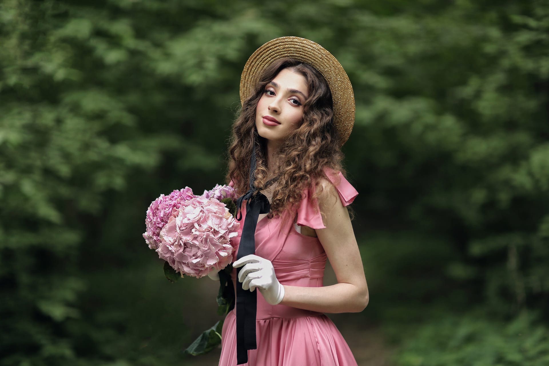 Women Women Outdoors Model Hat Straw Hat Women With Hats Flowers Plants Makeup Brunette Dress Pink D 1920x1280