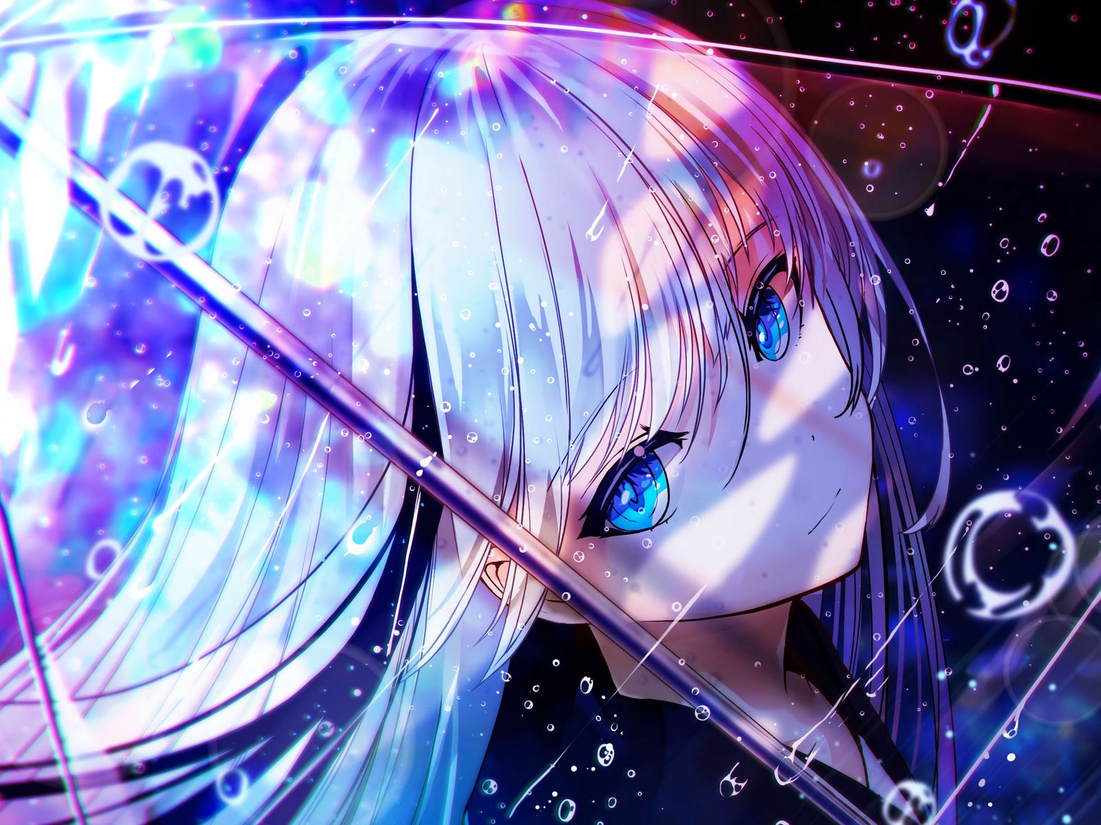 Anime Anime Girls Artwork Digital Art White Hair Long Hair Bangs Blue Eyes School Uniform Rain Walki 1600x1200