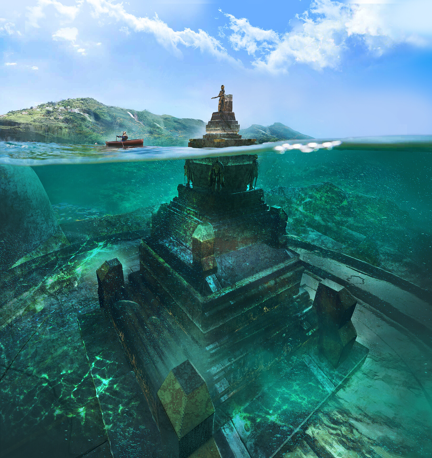 Reuben Lane Artwork Fantasy Art Temple Underwater Digital Art 1810x1920