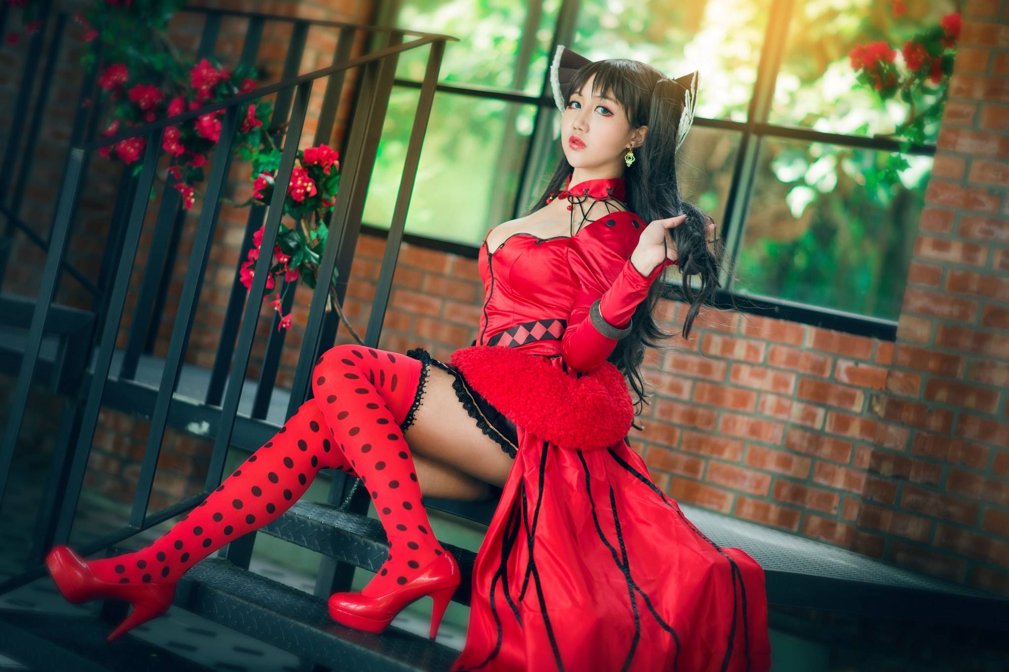 Asian Model Women Long Hair Dark Hair Cosplay Twintails Red Heels Knee High Socks Red Dress Flowers  2048x1363