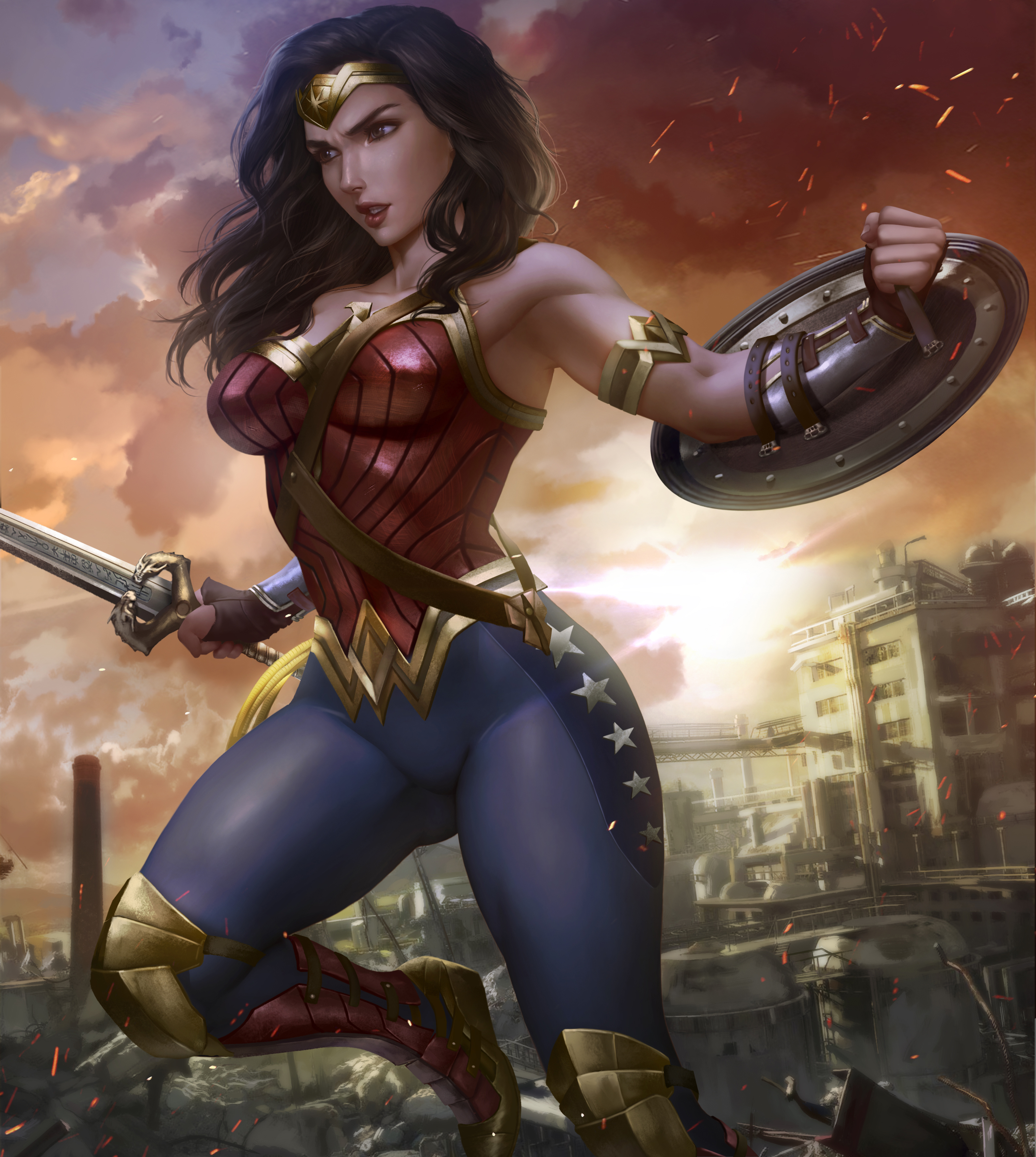 Wonder Woman Superheroines Gal Gadot Tiaras Armlet Shield Sword Weapon Clouds Drawing Digital Art Il 3171x3543