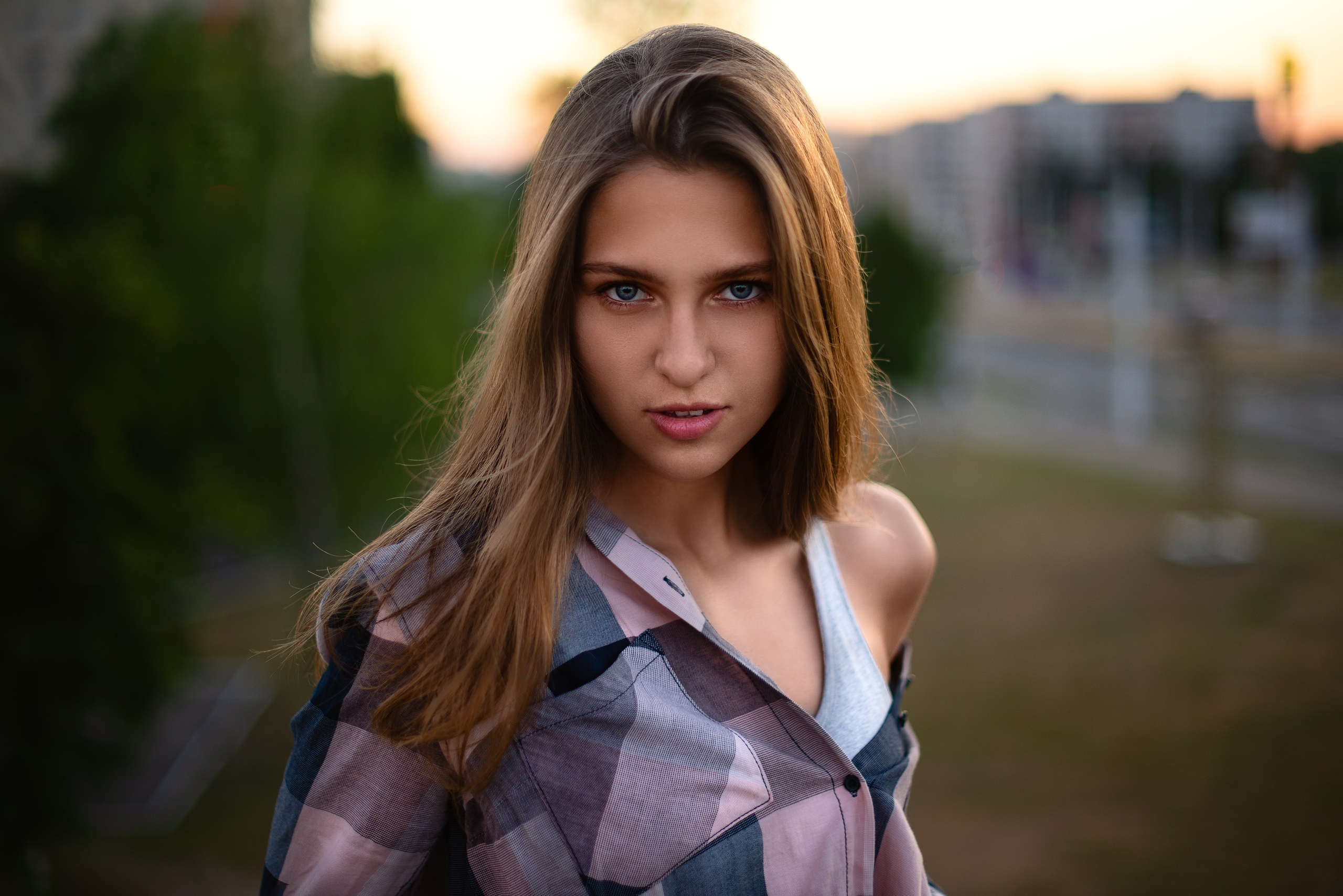 Model Face Women Women Outdoors Bokeh Shirt Portrait Plaid Shirt Alexei Shipulia Blue Eyes 2560x1709