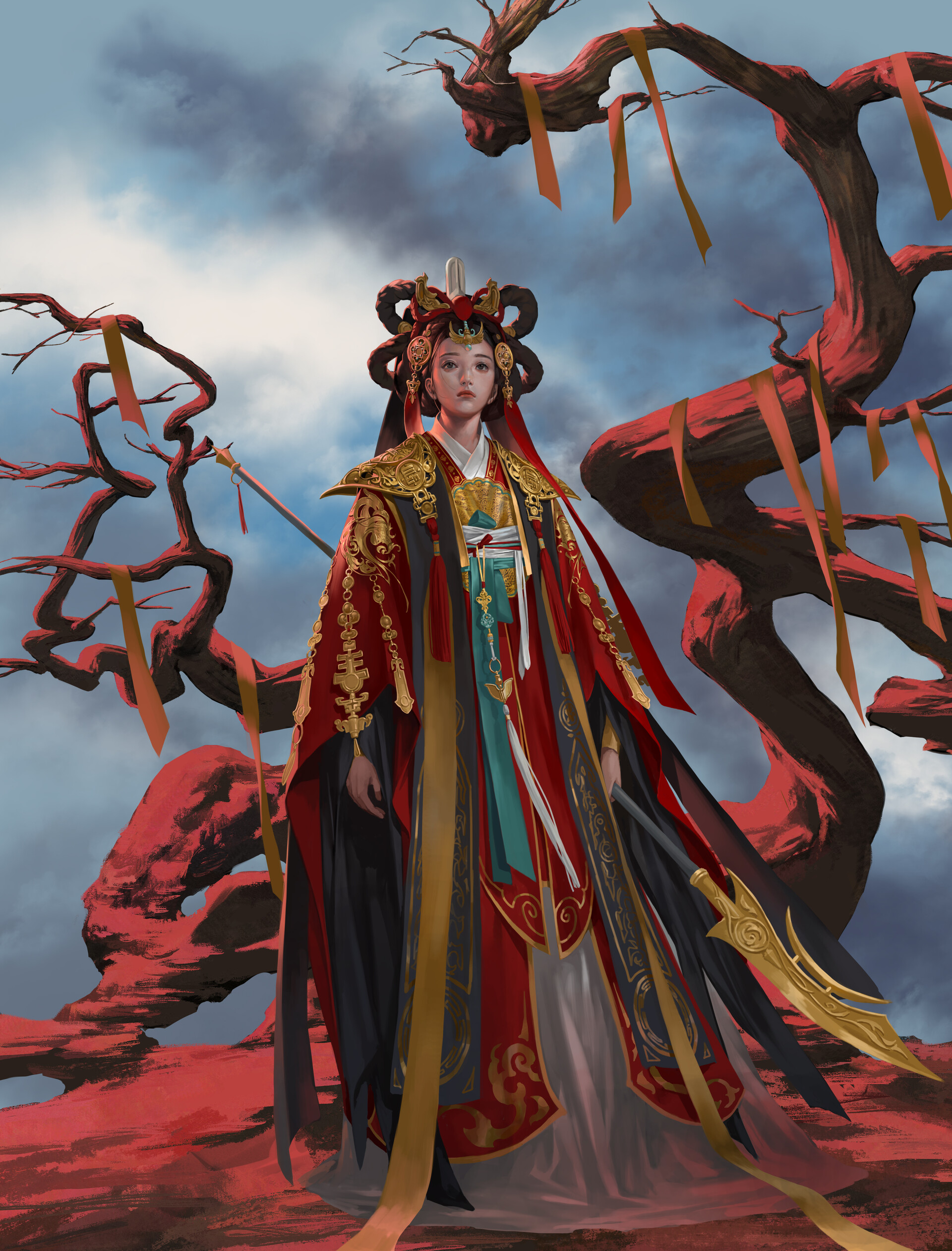 Mam Ba Digital Art Digital Painting Artwork Women Warrior Weapon Red Clothing 1920x2522