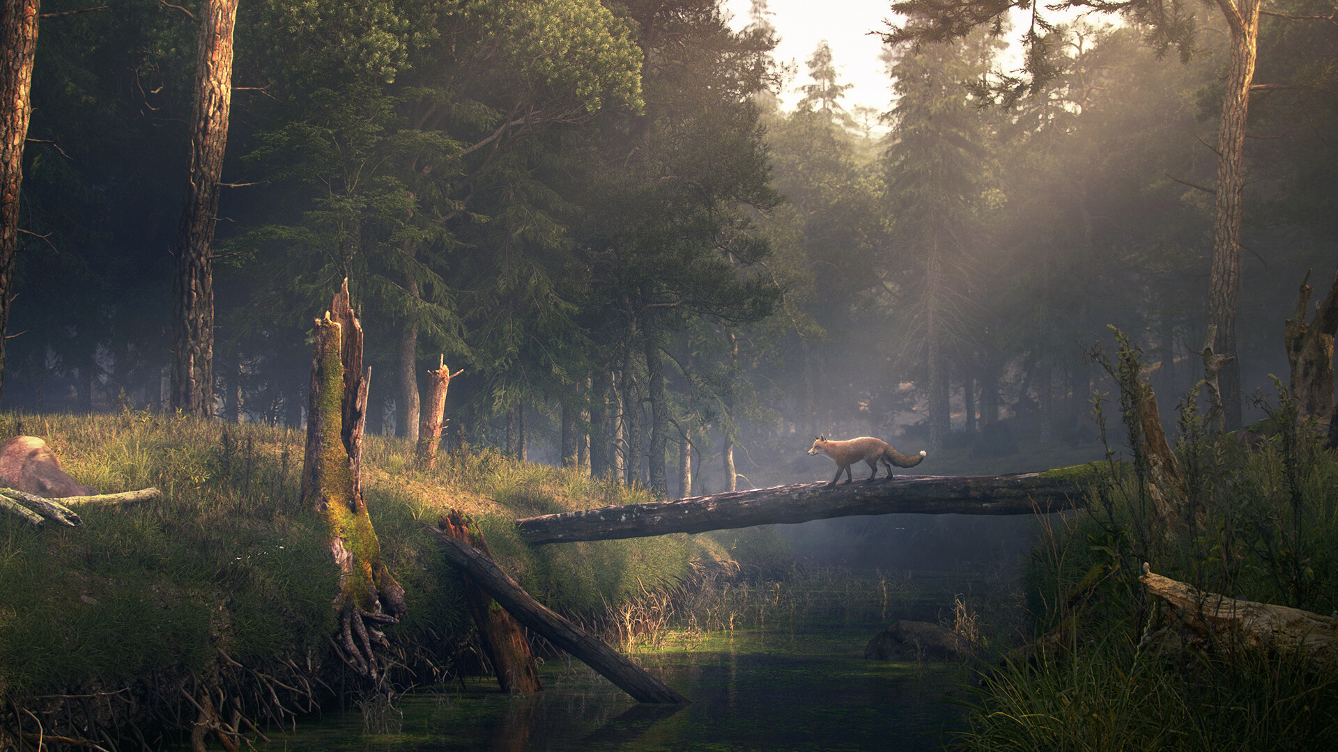 Artwork Digital Art Fox River Trees Nature 1920x1080