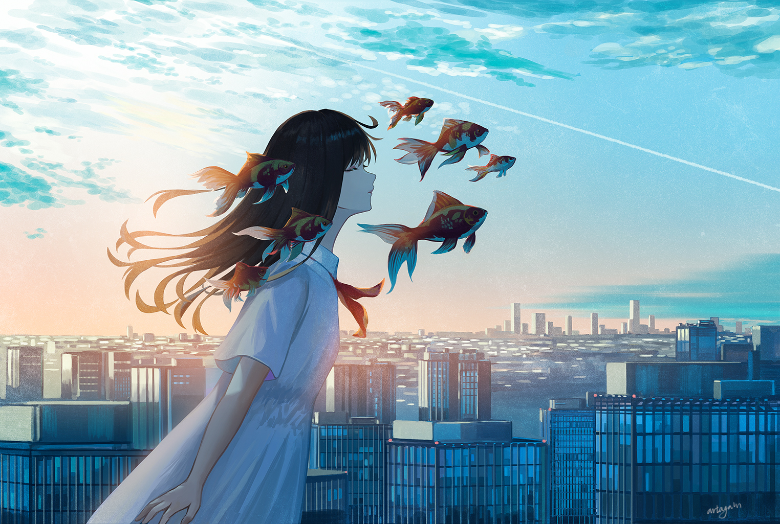 Anime Anime Girls Sky Clouds Fish Brunette Closed Eyes Long Hair City Dress 1524x1025