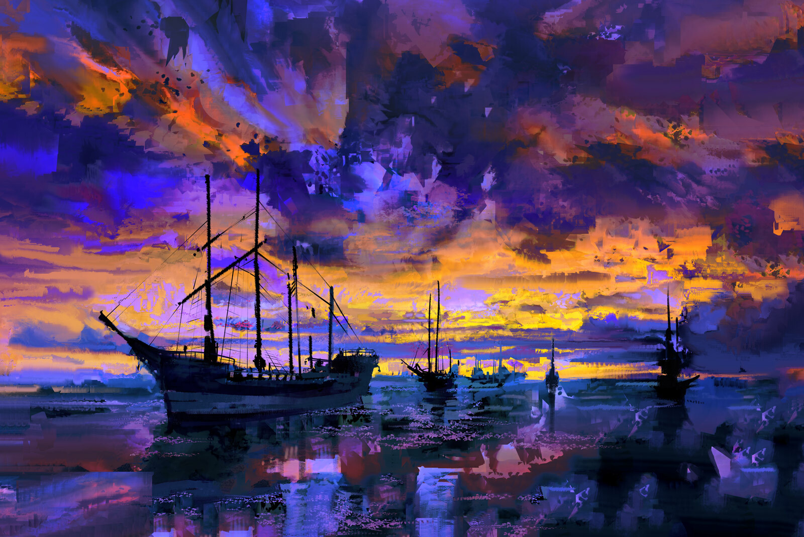 Artwork Sea Clouds Sunset Ship Sailing Ship Eric Elwell 1600x1070