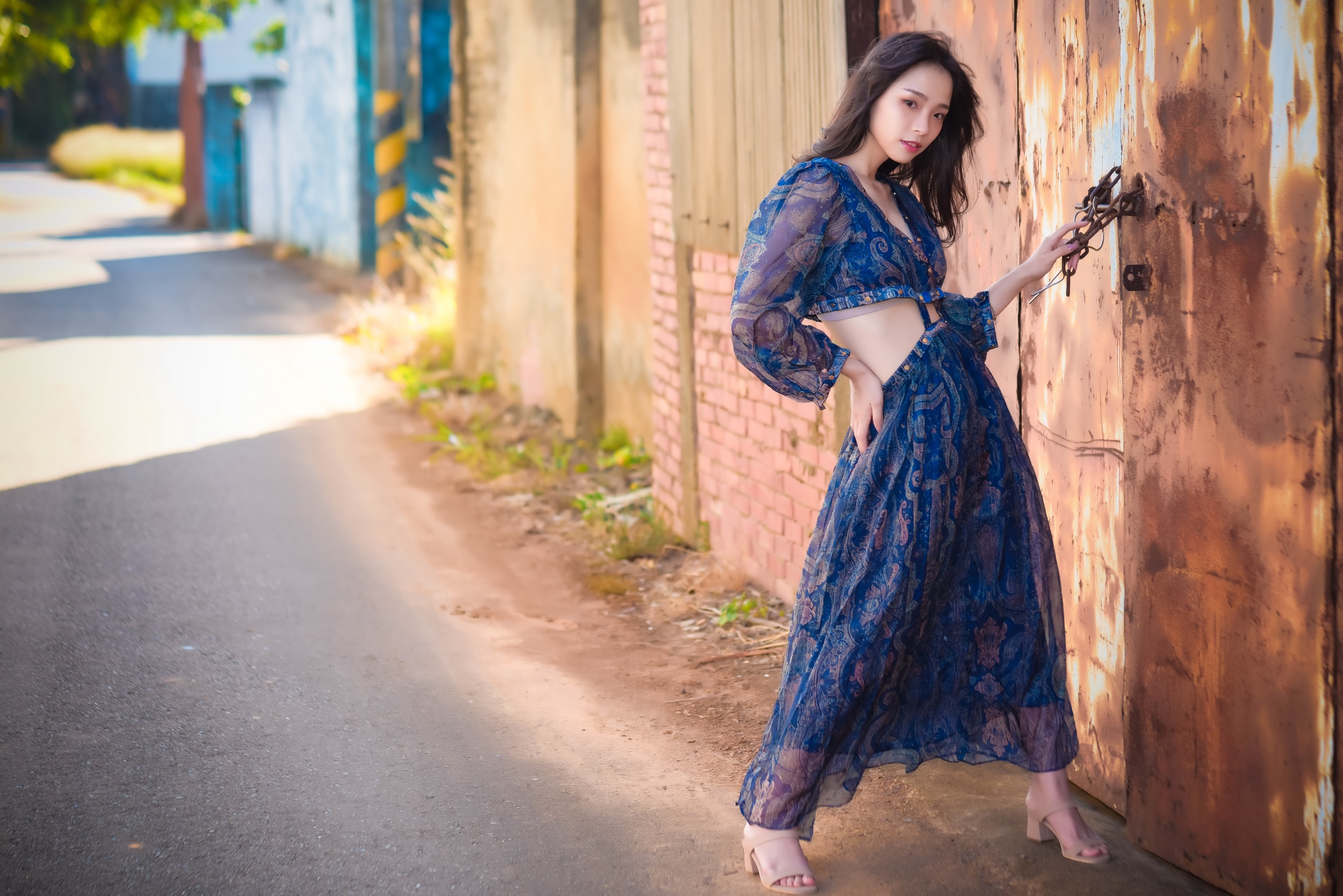 Asian Model Women Blue Clothing Standing Women Outdoors Urban Brunette Long Hair 2560x1709