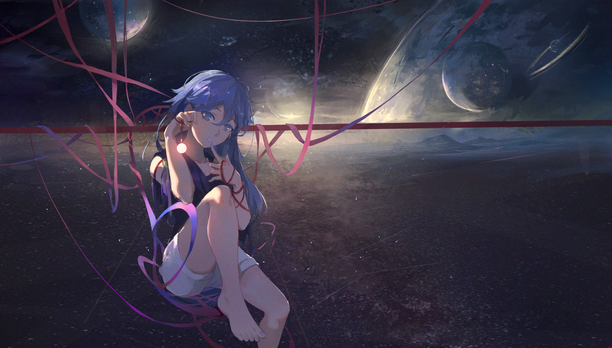 Anime Anime Girls Space Stars Planet Ribbons Blue Hair Long Hair Blue Eyes Mountains Looking At View 1973x1125