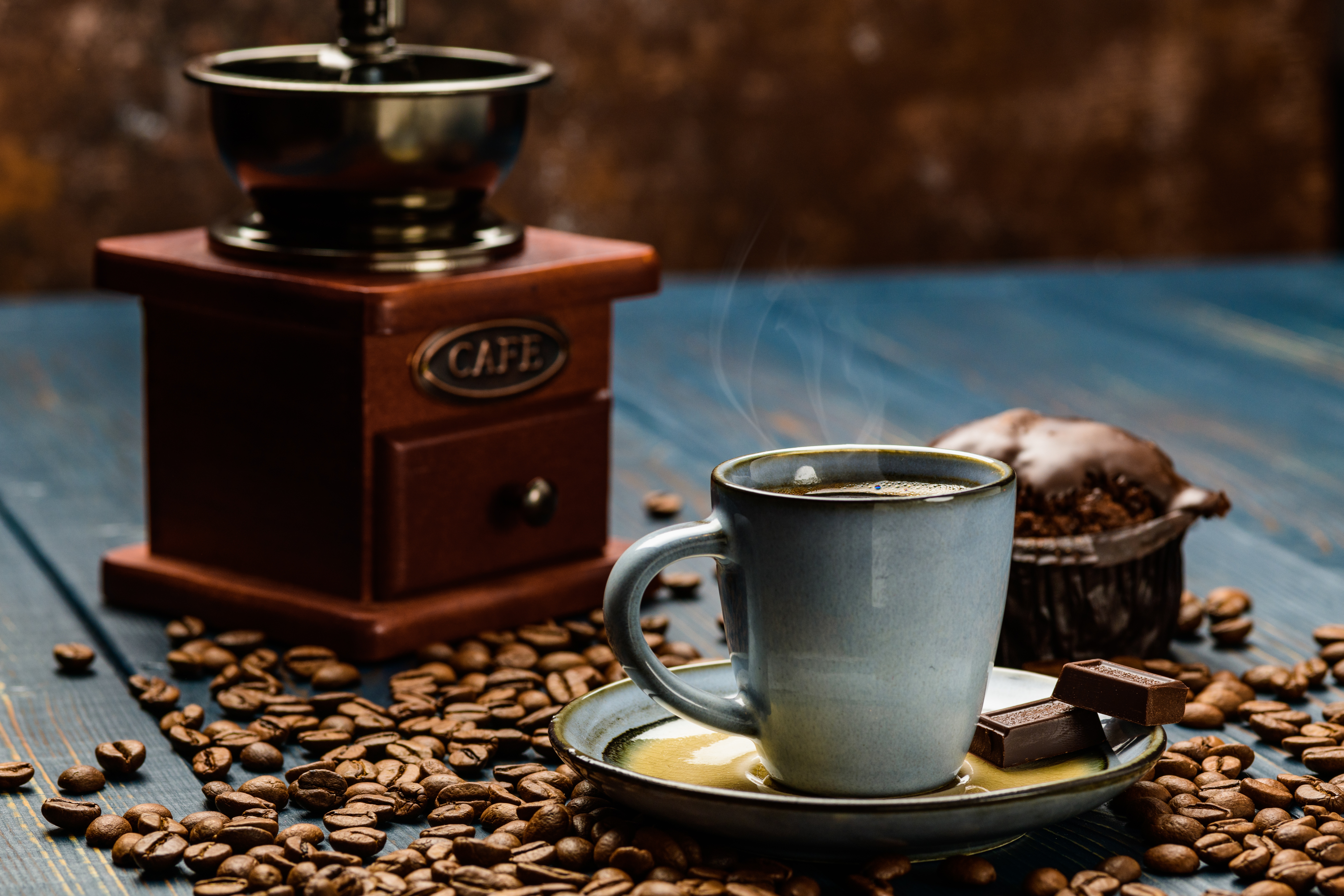 Chocolate Coffee Beans Cup Drink Grinder Still Life 7770x5180