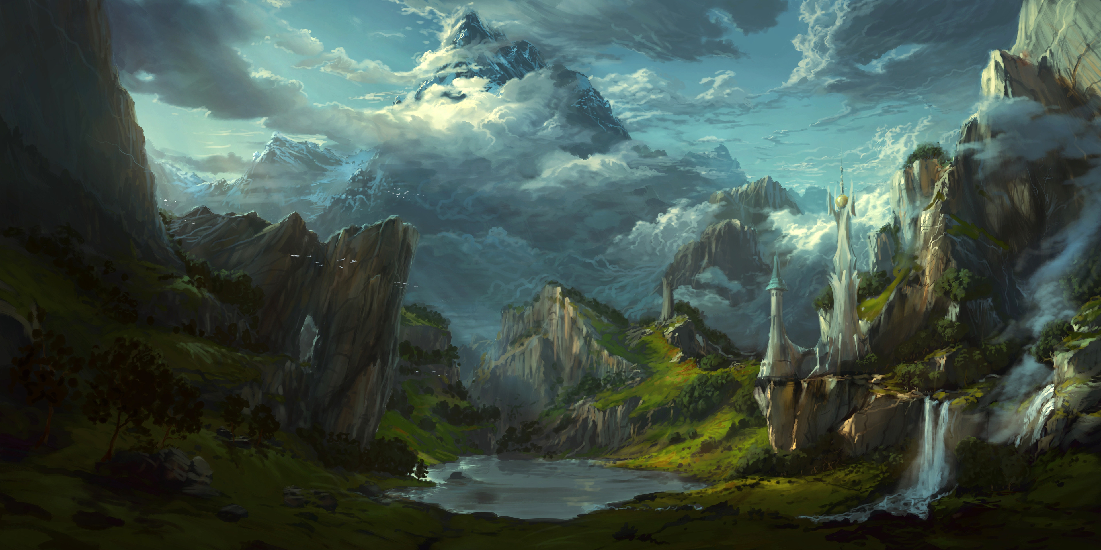 Philipp A Ulrich Digital Art Landscape Mountains Trees Castle Clouds 3840x1920