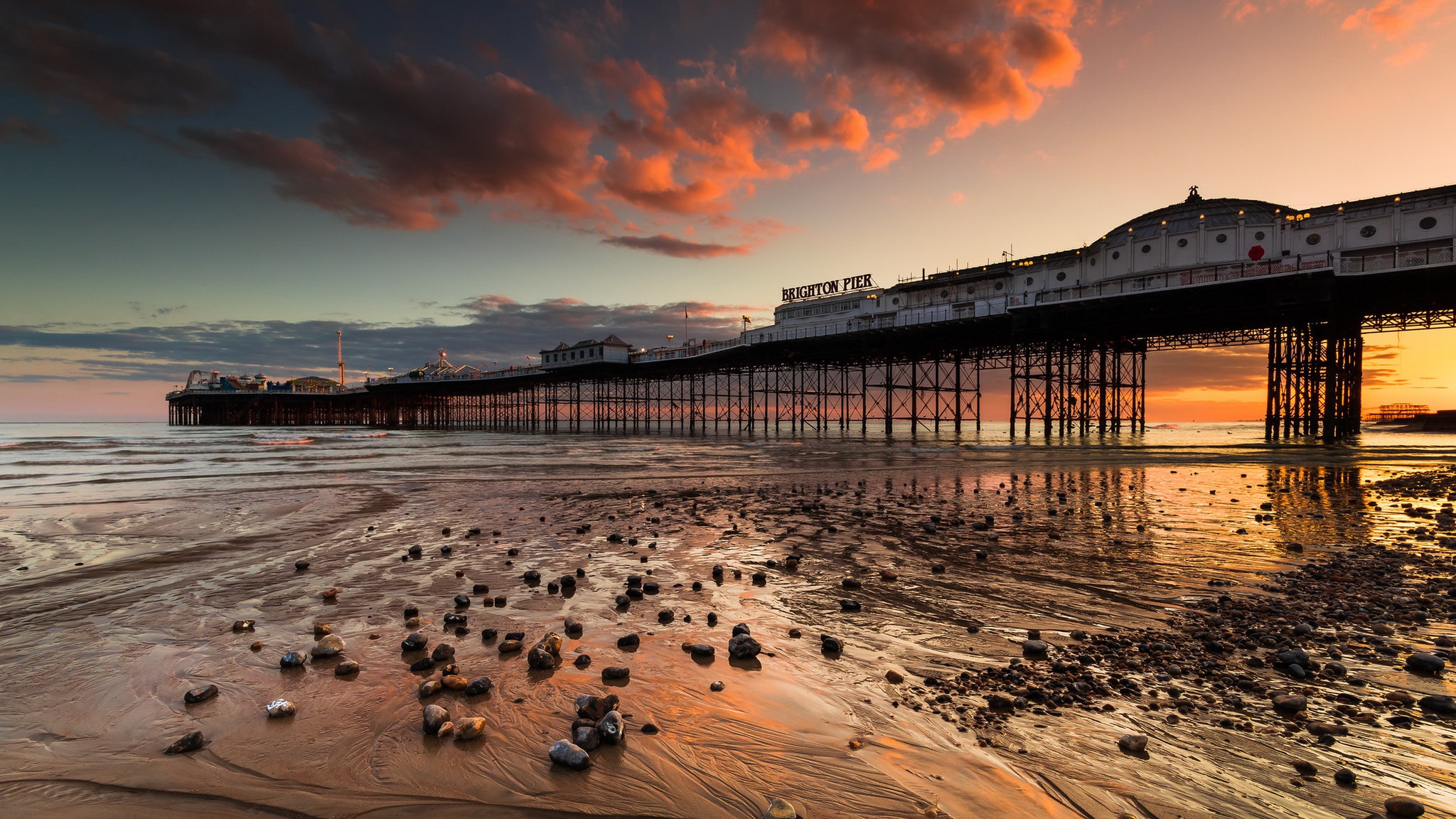 England UK Sussex Brighton England Pier Coast Sky Sunlight Outdoors Clouds 2048x1152