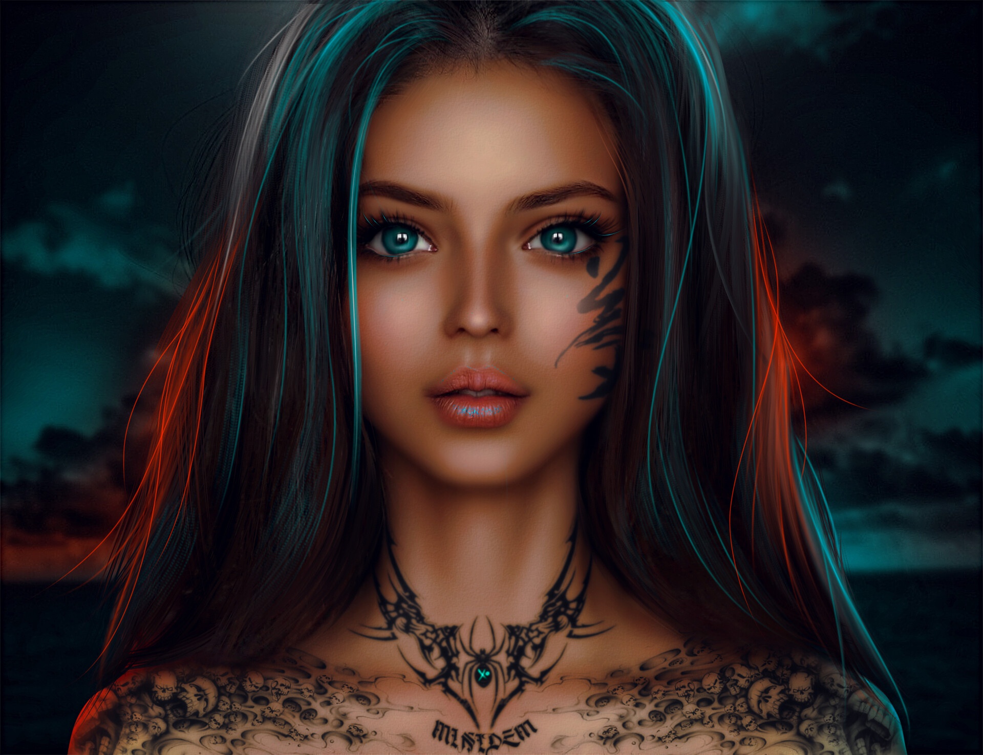 MiniDem Women Fantasy Girl Brunette Blue Eyes Spider Sky Clouds Bare Shoulders Tattoo Dark Fantasy A 1920x1475