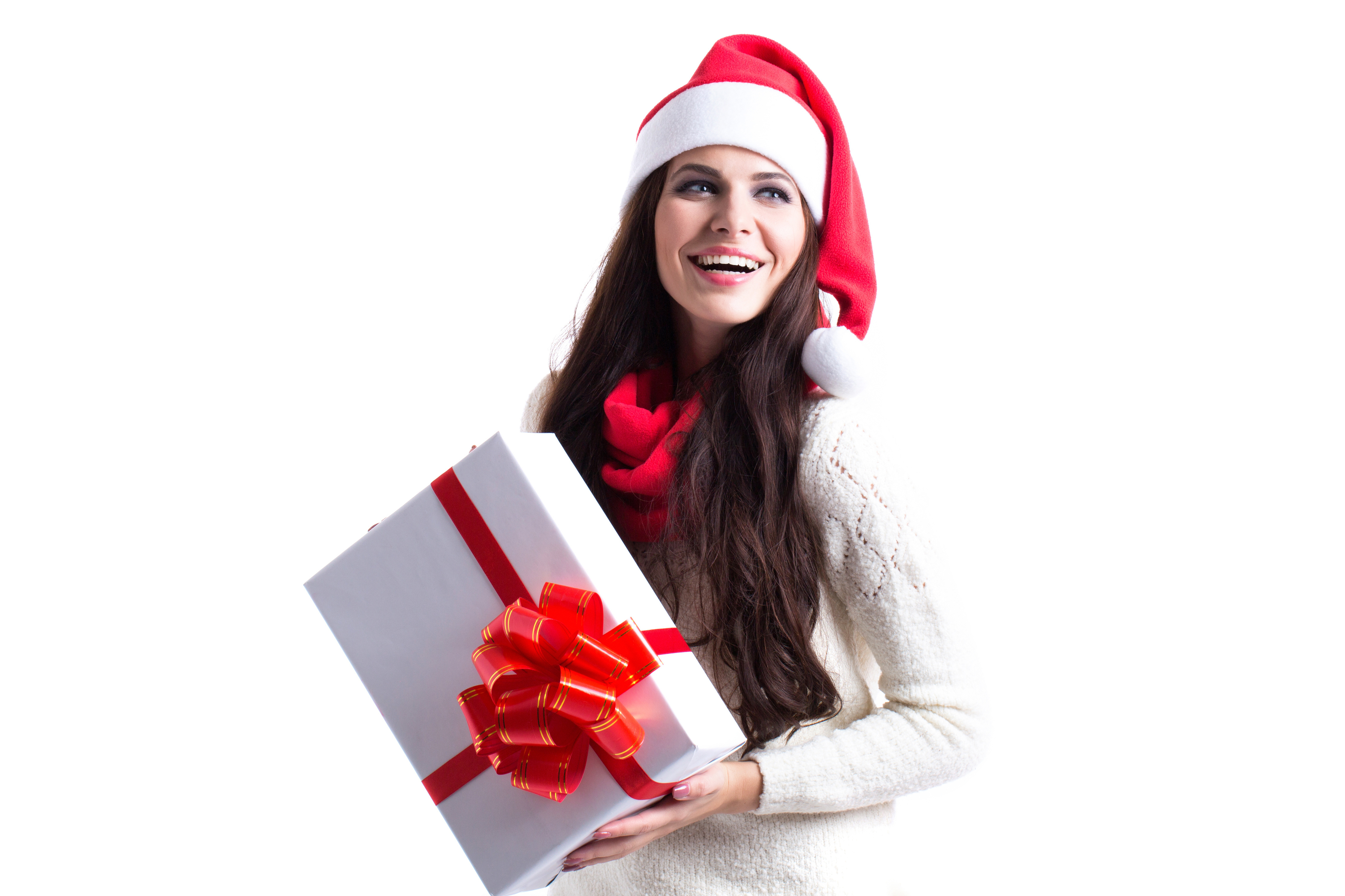 Woman Christmas Santa Hat Girl Long Hair Smile Gift Brunette 4500x3000