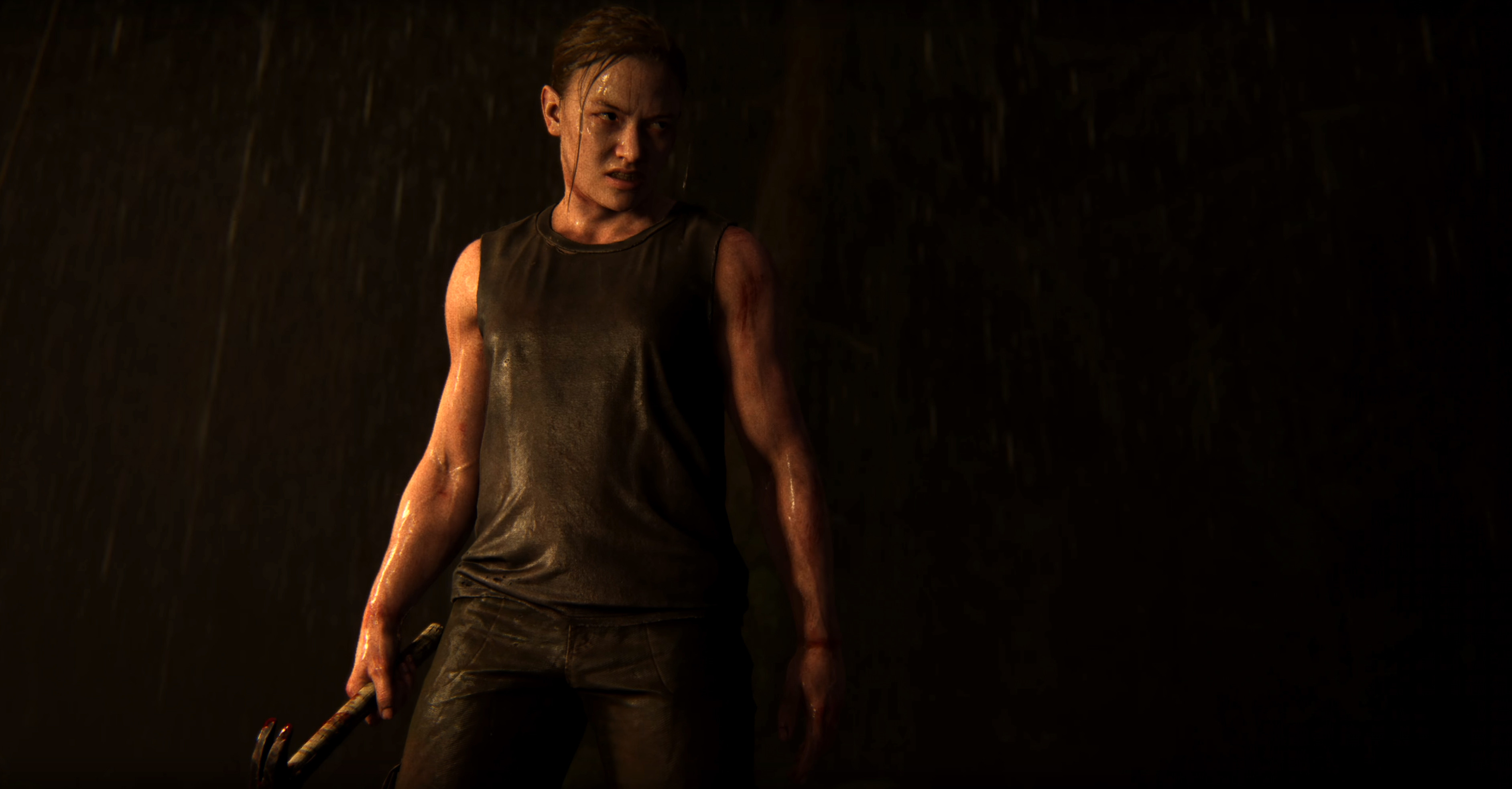 Abby Wet Rain Hammer Weapon Armed The Last Of Us 2 Video Game Girls Angry Dark Background Muscles Sc 3768x1968