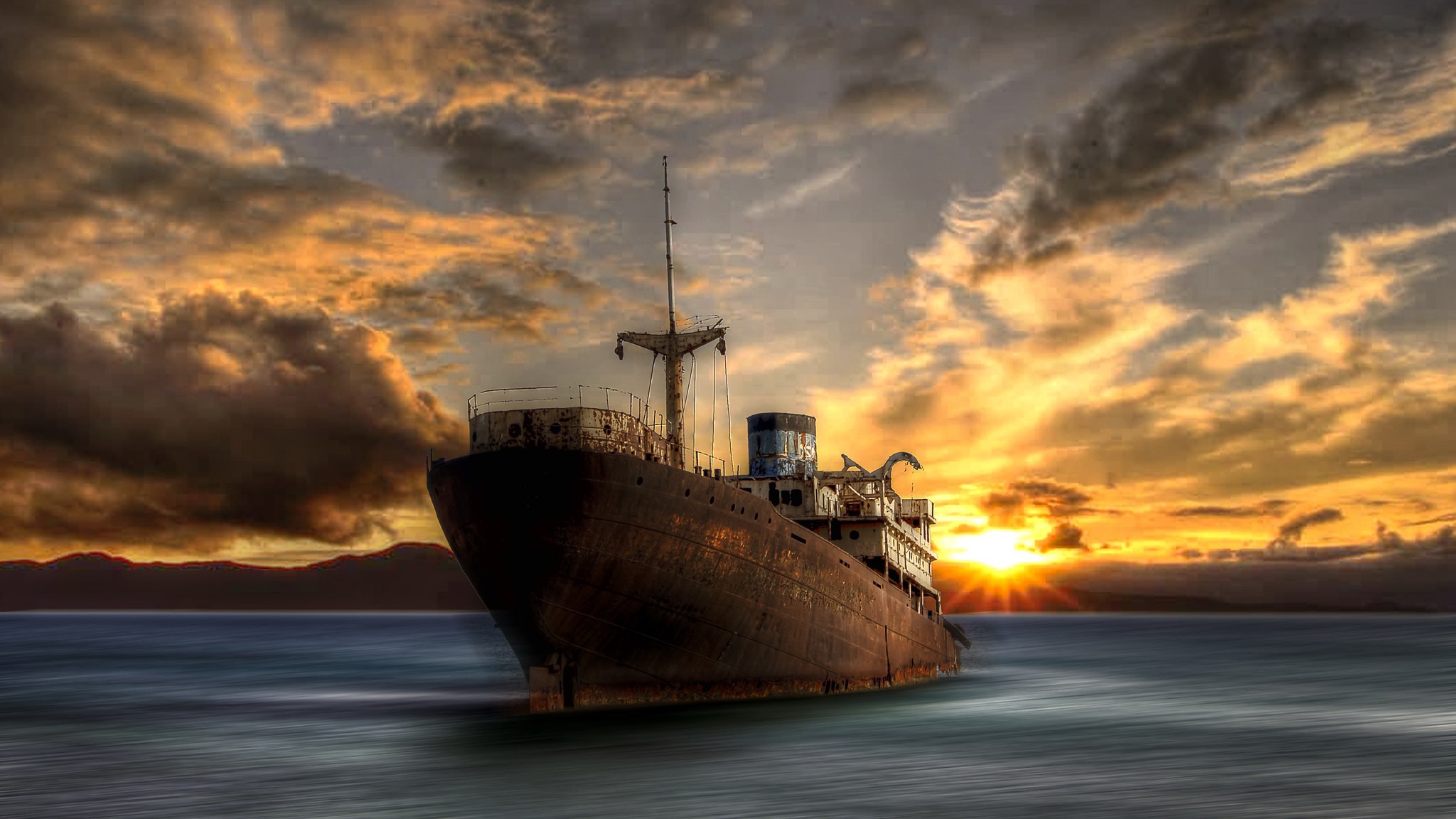 Wreck Ship Vehicle Sky Sea Rust Old Sunlight Outdoors Digital Art 2048x1152