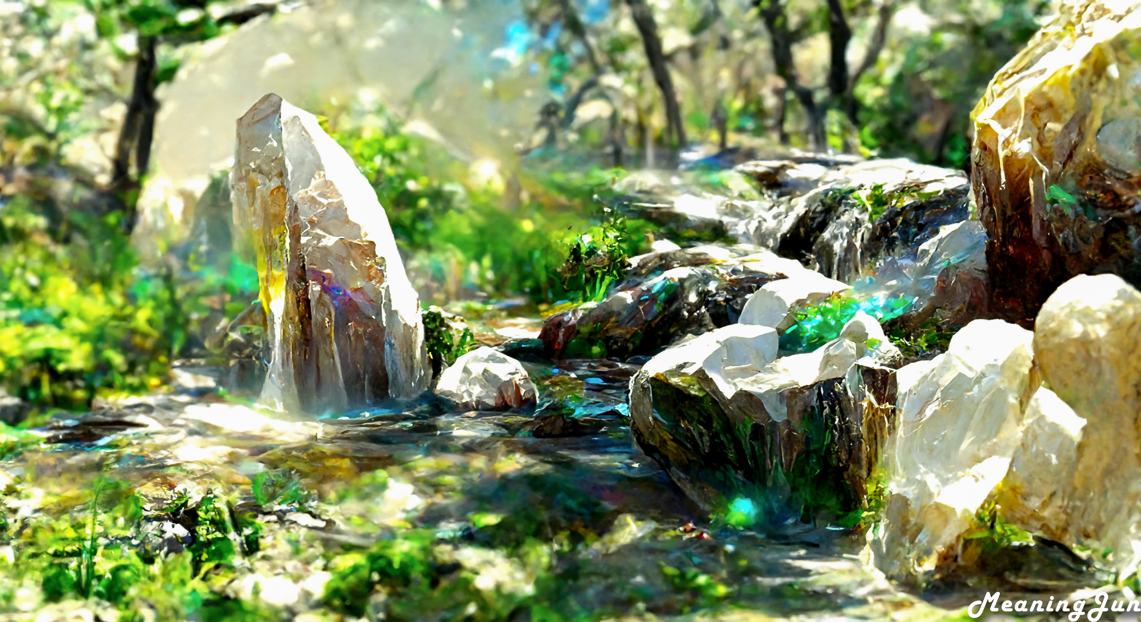 Ai Amano MeaningJun Illustration Forest Creeks Rocks 3840x2094