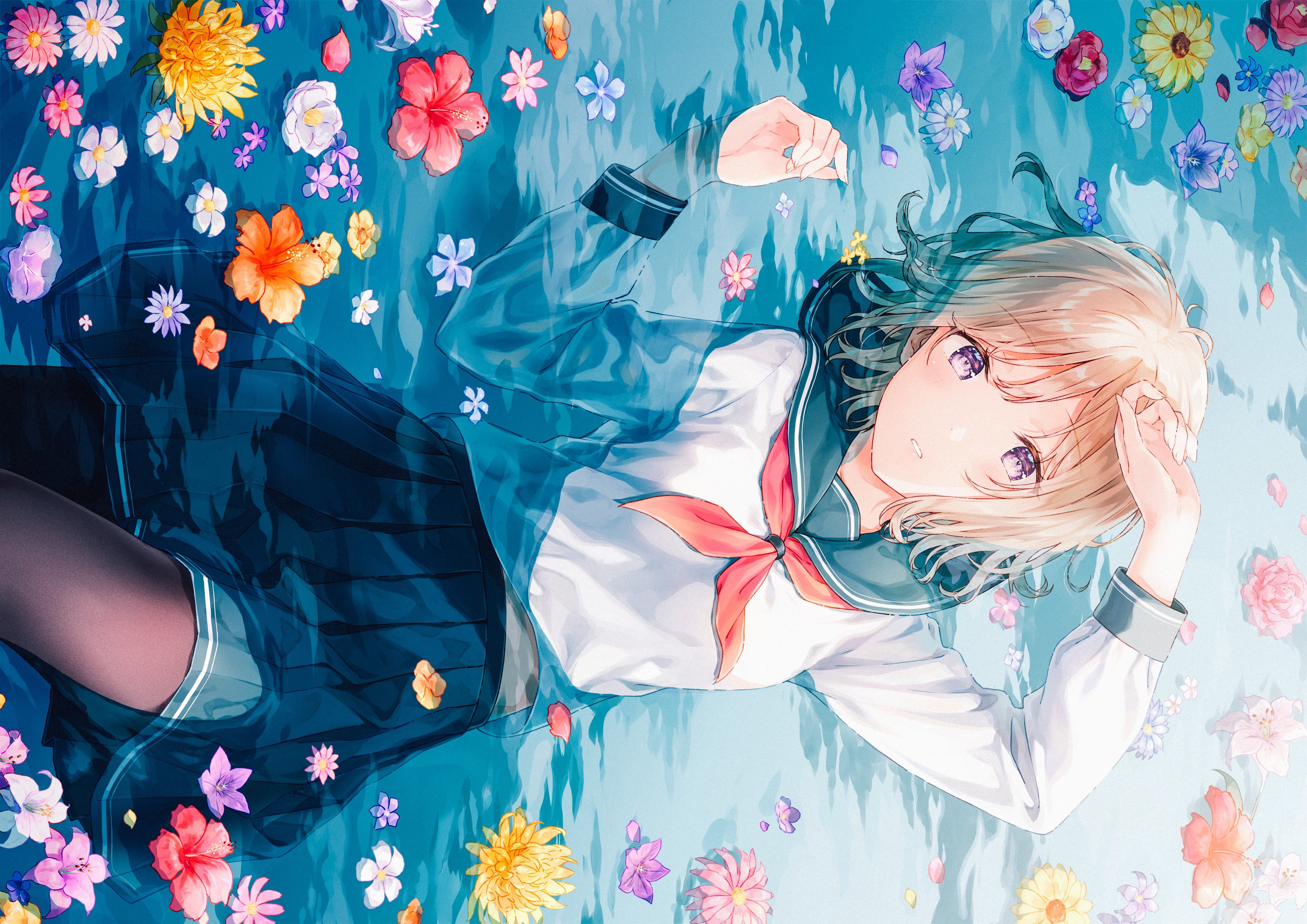 Anime Anime Girls Original Characters Artwork Hiten Blonde Purple Eyes In Water School Uniform 4950x3500