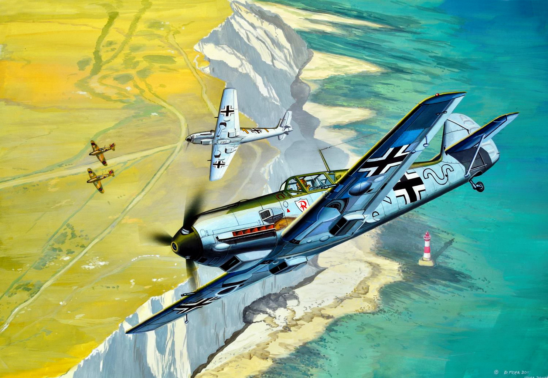 World War Ii Airplane Painting Messerschmitt Bf 109 Hawker Hurricane 1805x1246