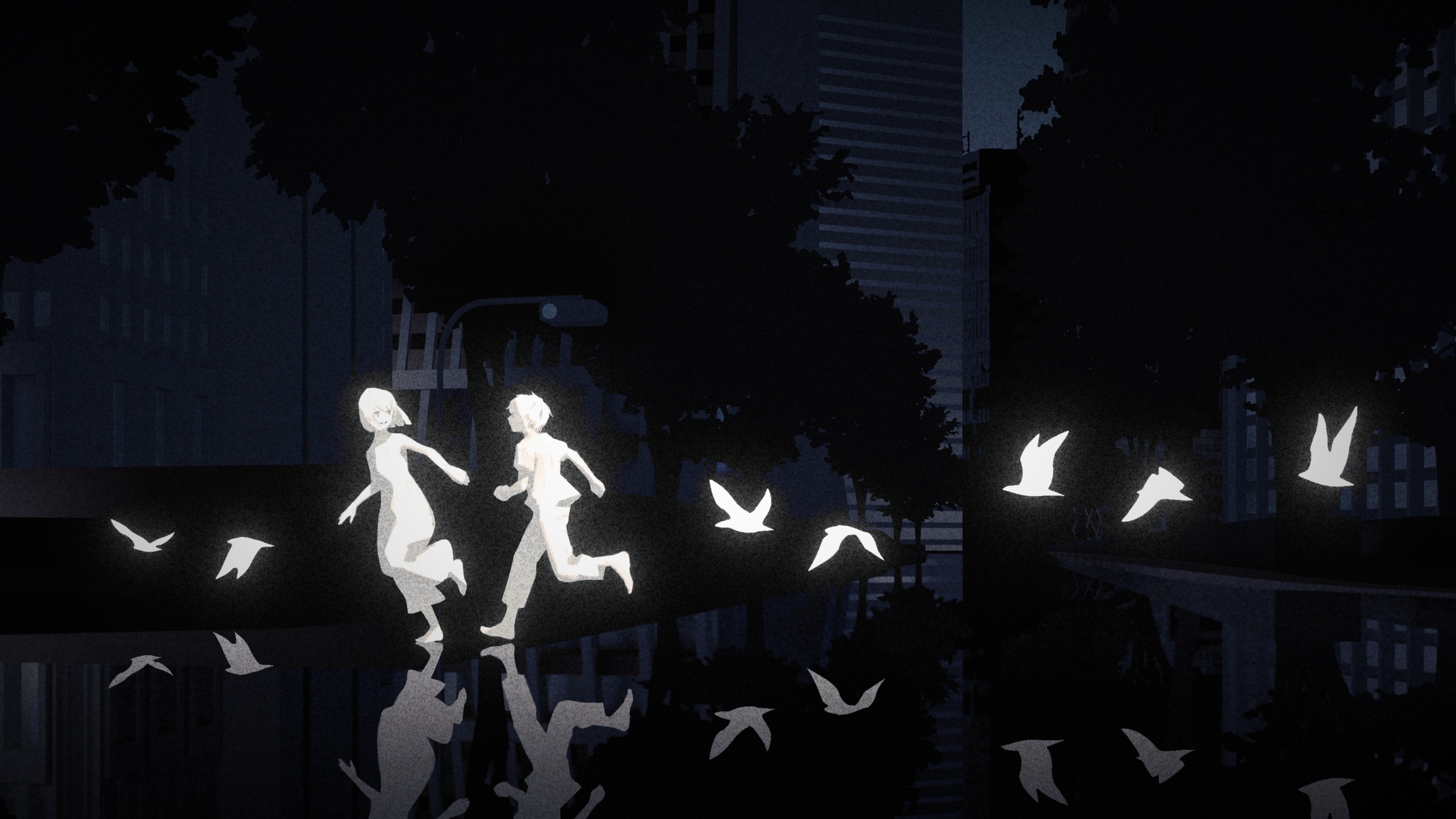 Anime Anime Girls Birds Running Anime Boys Short Hair Mirrored Street Trees City Road Monochrome 2400x1350