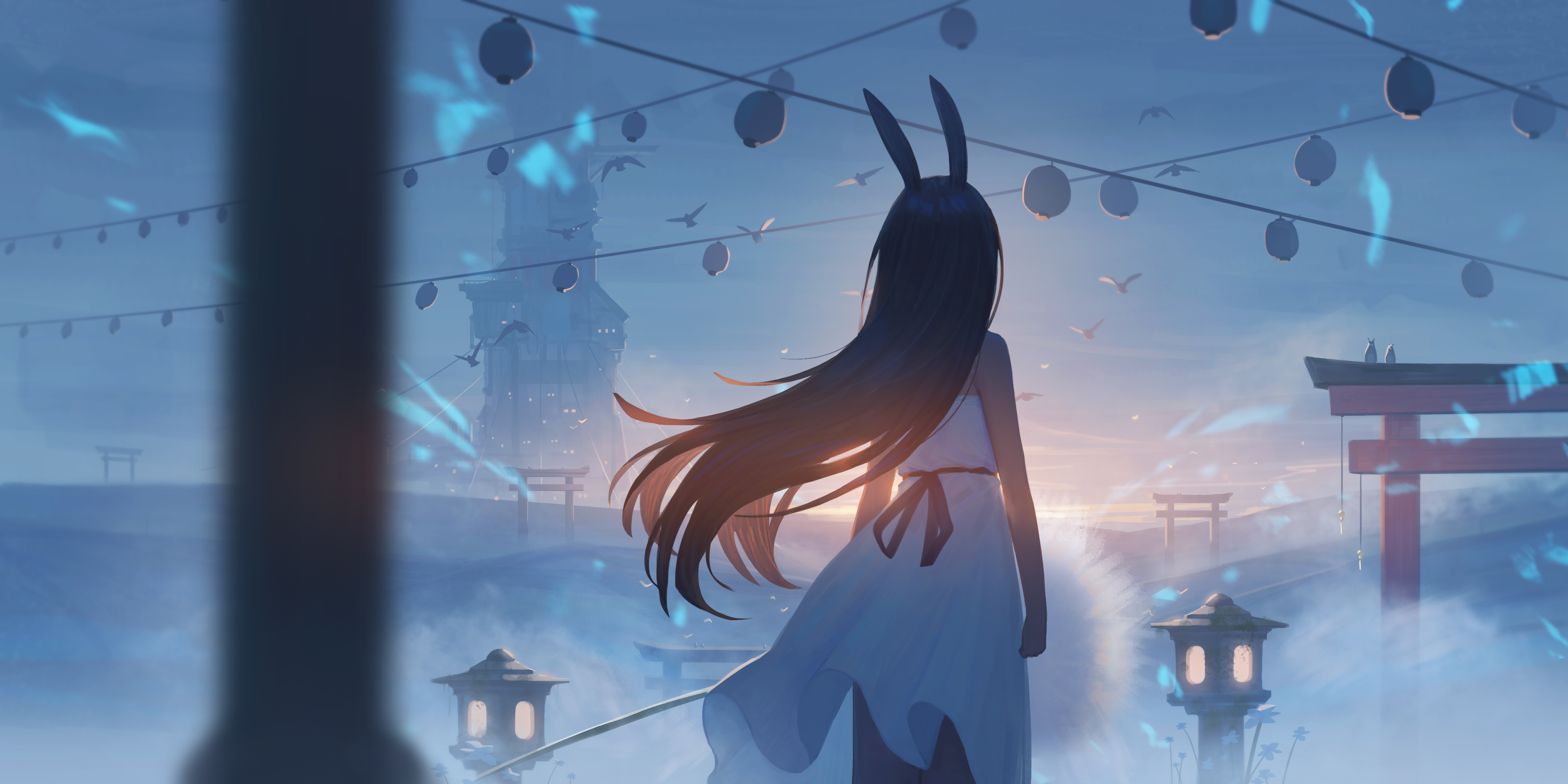 Anime Anime Girls Long Hair Birds Clouds Sunset Sky Flowers Night Lanterns Asian Architecture Brunet 4000x2000
