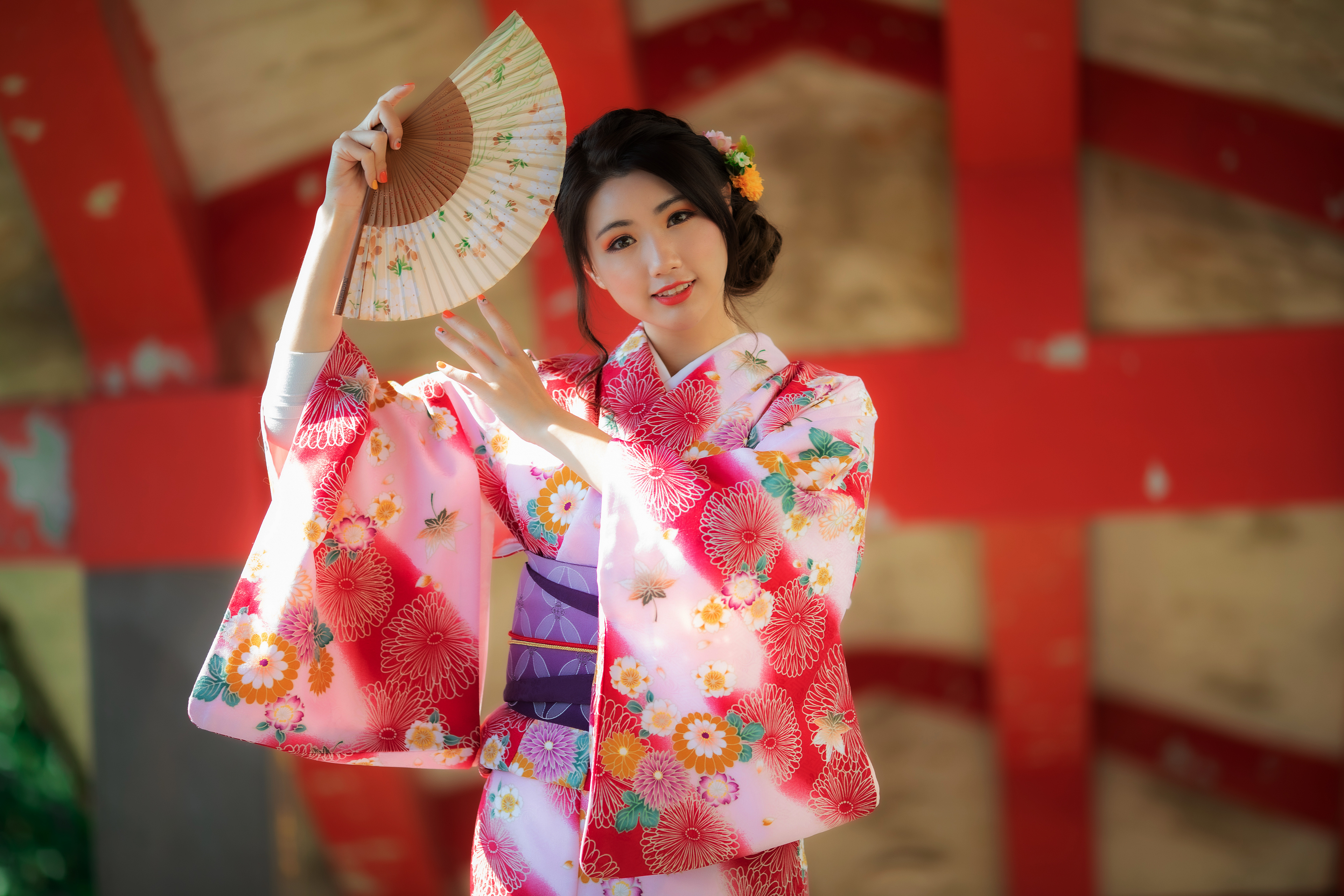 Woman Model Girl Fan Kimono Black Hair 3840x2560