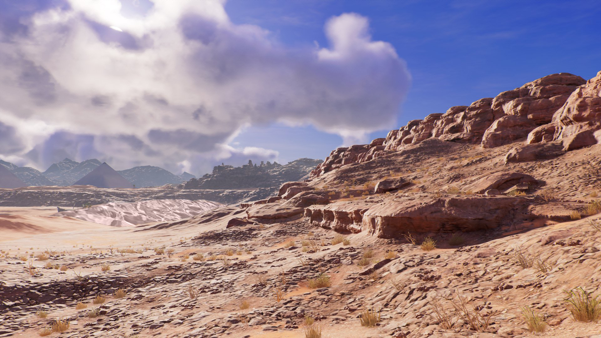 Canyon Assassins Creed Origins Ubisoft Landscape CGi Digital Art Sky Desert Dunes Rocks Orange Vibra 1920x1080