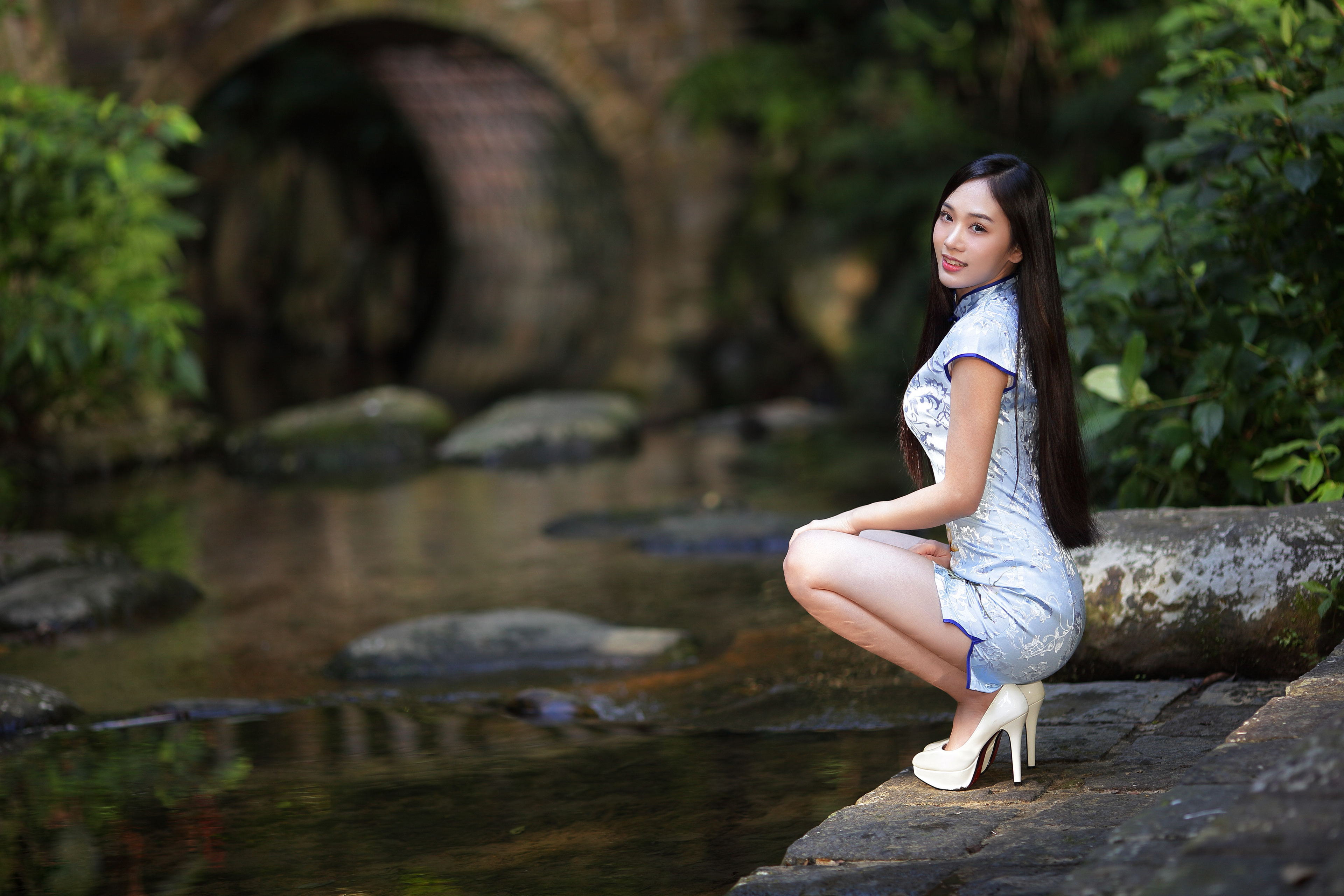 Asian Model Women Long Hair Dark Hair White Heels Pond Trees Traditional Clothing Bushes Qipao Cheon 3840x2560