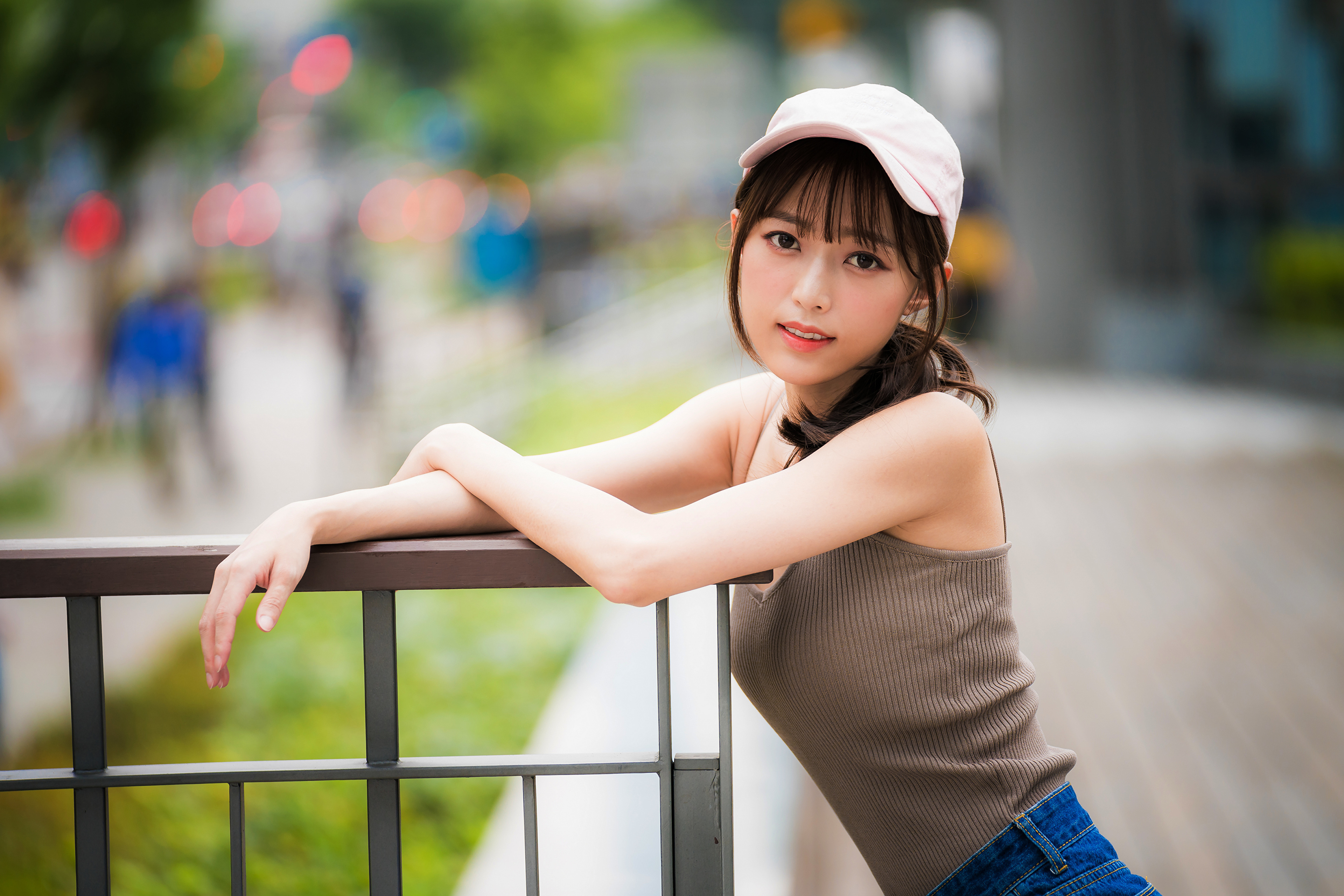 Asian Model Women Depth Of Field Long Hair Dark Hair Jeans Railings Leaning Baseball Cap Shirt Looki 3840x2561