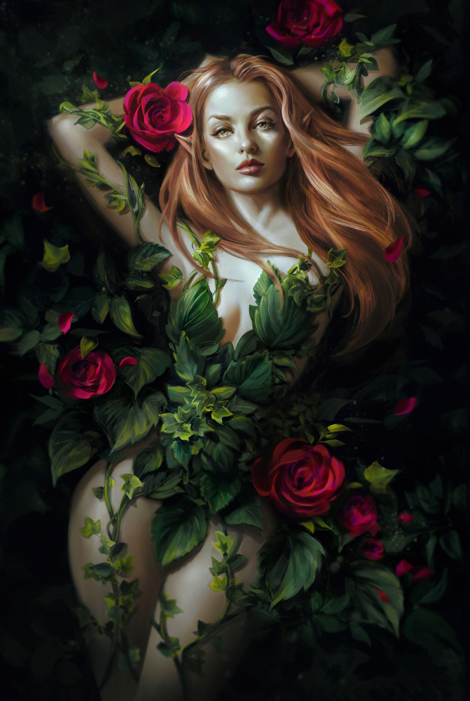 Artwork Women Fantasy Girl Plants Flowers Leaves Fantasy Art Pointy Ears Long Hair Red Lipstick Look 1500x2238