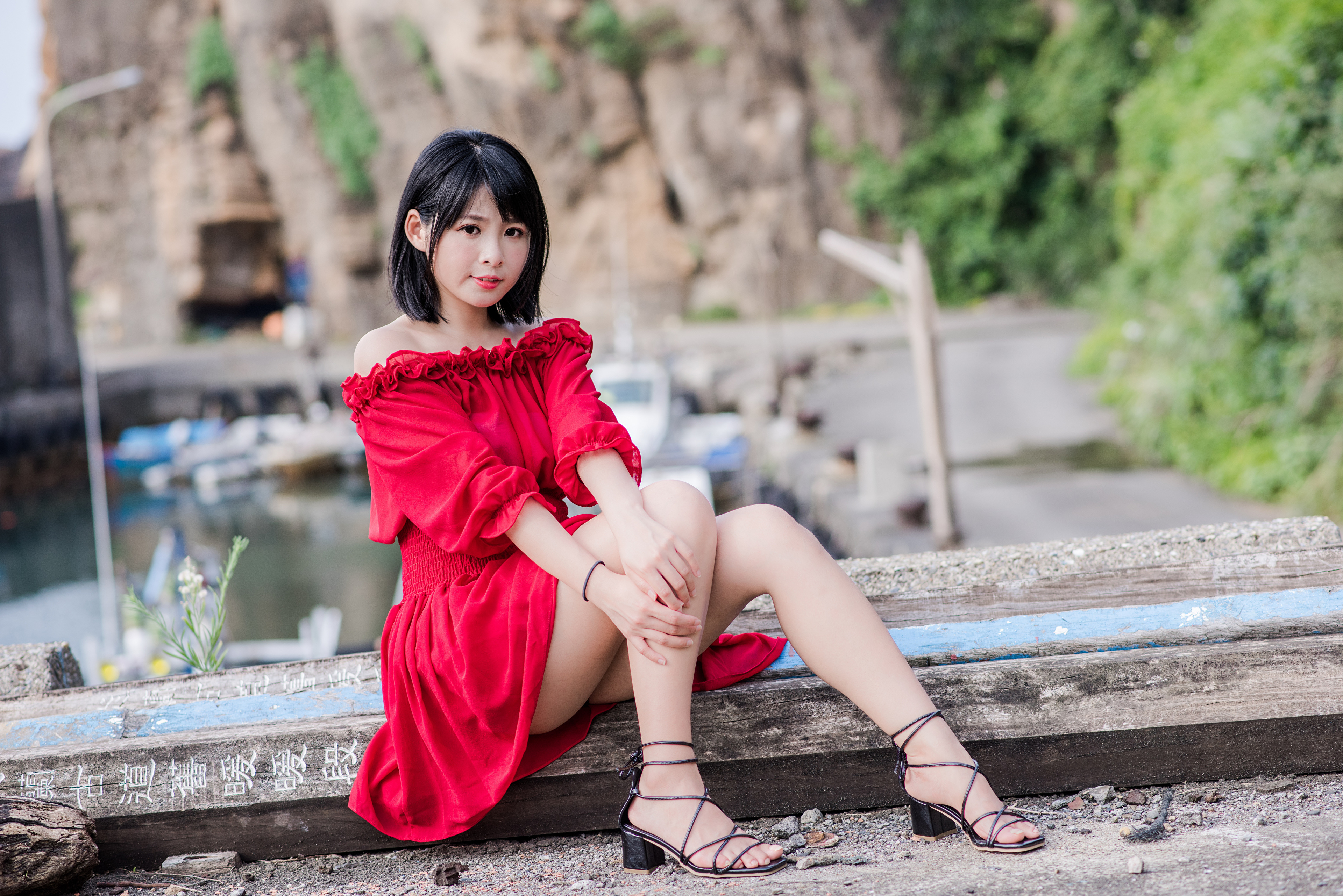 Asian Model Women Black Hair Short Hair Red Dress Barefoot Sandal Sitting Depth Of Field Bushes Dirt 3840x2563