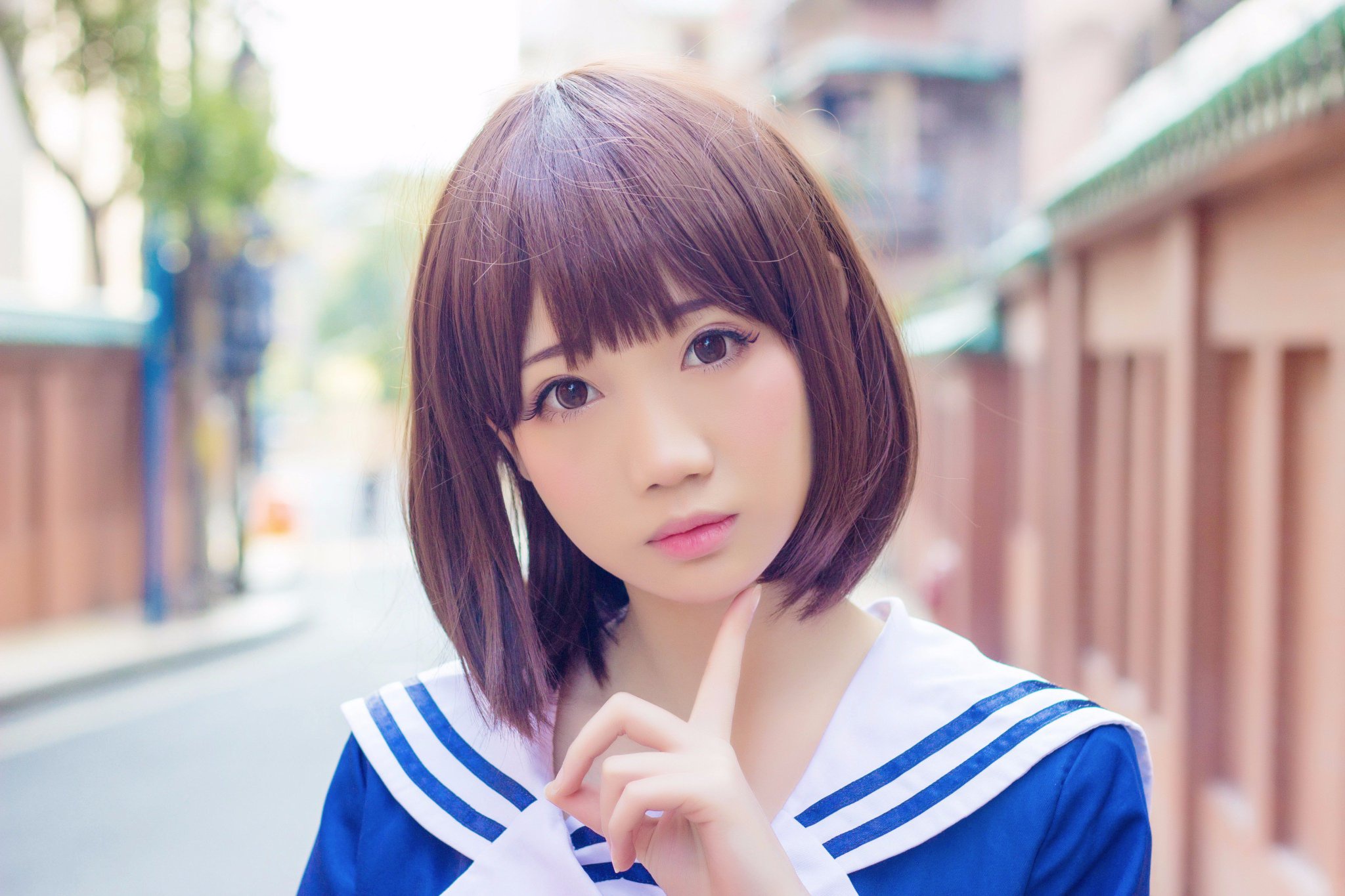 Asian Model Women Short Hair Brunette Depth Of Field Sailor Uniform Street Looking At Viewer 2048x1365