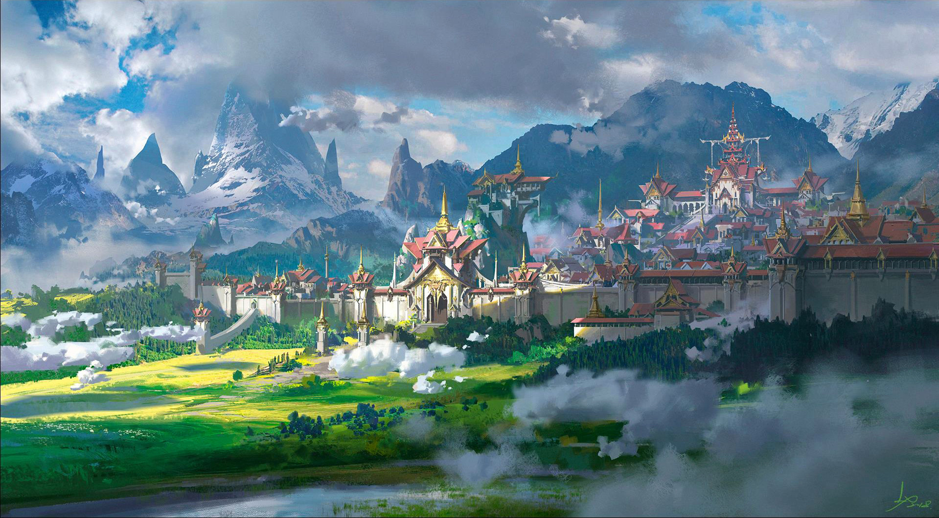 Digital Art Fantasy Art Ling Xiang Landscape Fantasy City Castle Mountains 1919x1058